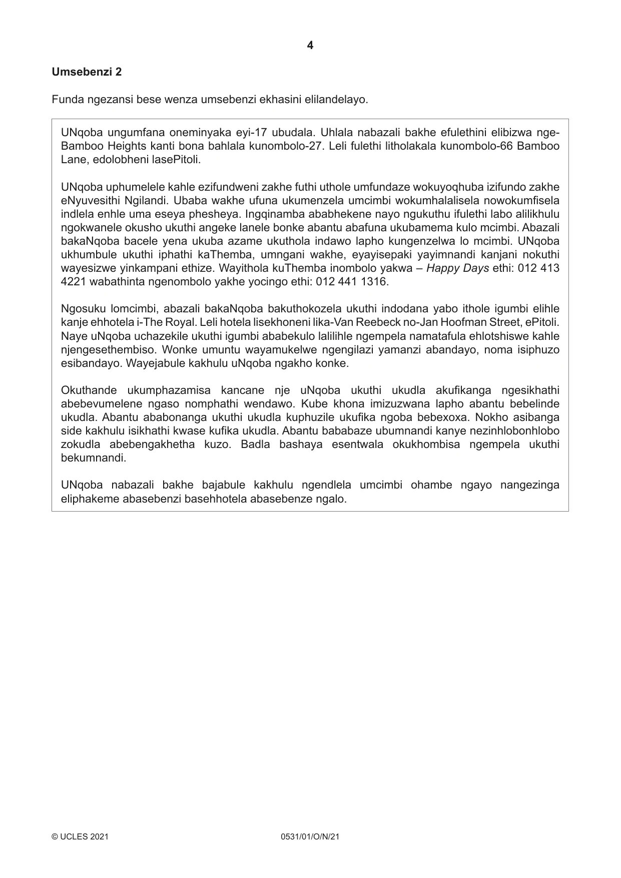 Cambridge IGCSE IsiZulu as a Second Language 0531 2021 Oct/Nov Paper 1 · Variant 0 question paper, page 4 of 16