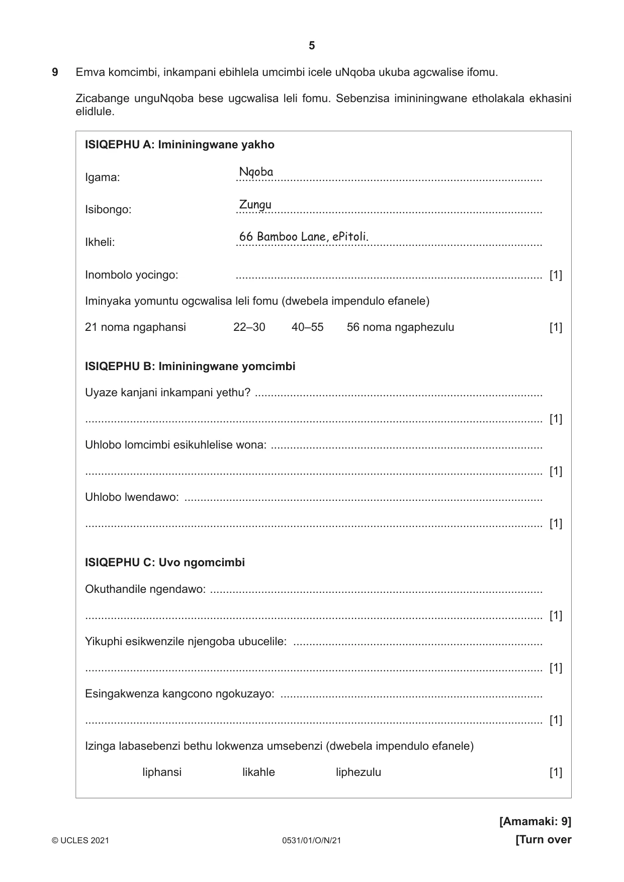 Cambridge IGCSE IsiZulu as a Second Language 0531 2021 Oct/Nov Paper 1 · Variant 0 question paper, page 5 of 16