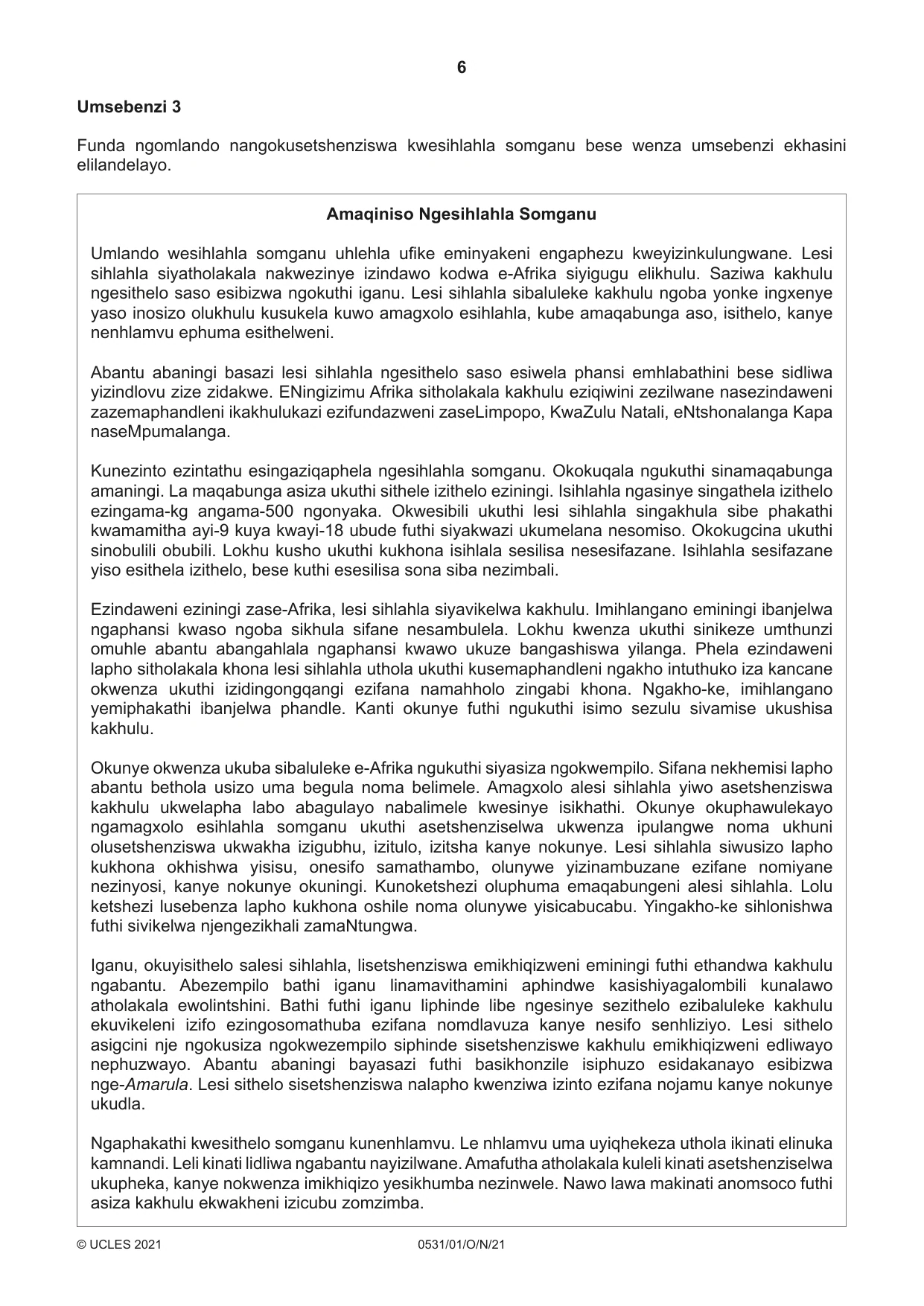 Cambridge IGCSE IsiZulu as a Second Language 0531 2021 Oct/Nov Paper 1 · Variant 0 question paper, page 6 of 16