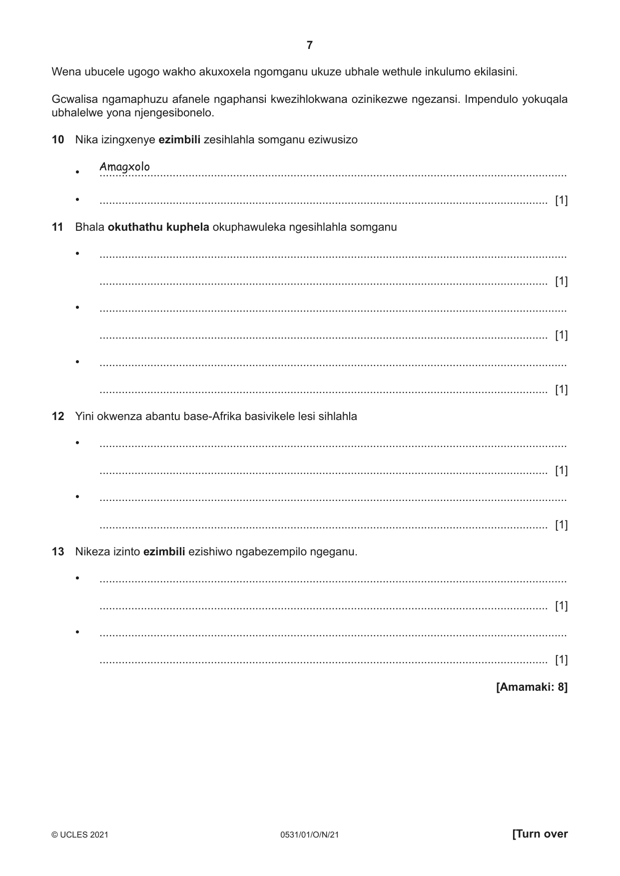 Cambridge IGCSE IsiZulu as a Second Language 0531 2021 Oct/Nov Paper 1 · Variant 0 question paper, page 7 of 16