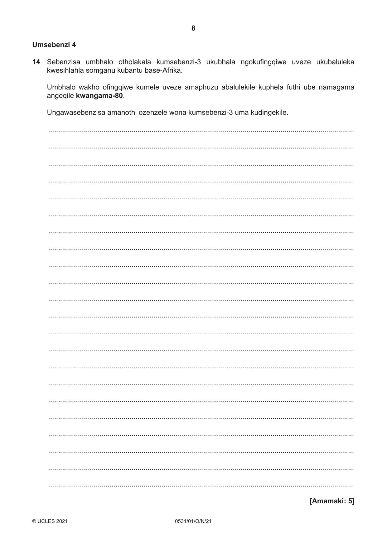Cambridge IGCSE IsiZulu as a Second Language 0531 2021 Oct/Nov Paper 1 · Variant 0 question paper, page 8 of 16