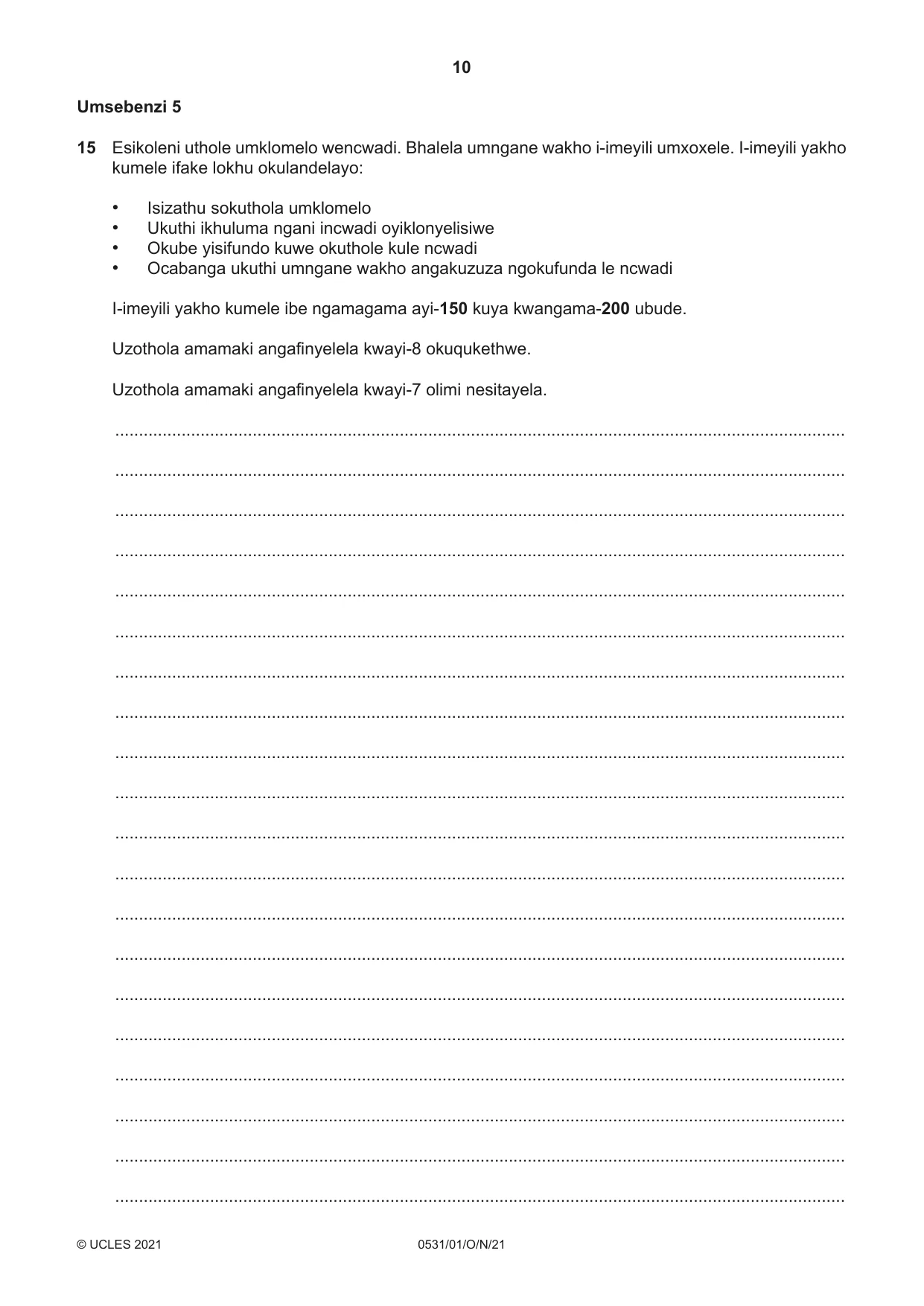 Cambridge IGCSE IsiZulu as a Second Language 0531 2021 Oct/Nov Paper 1 · Variant 0 question paper, page 10 of 16