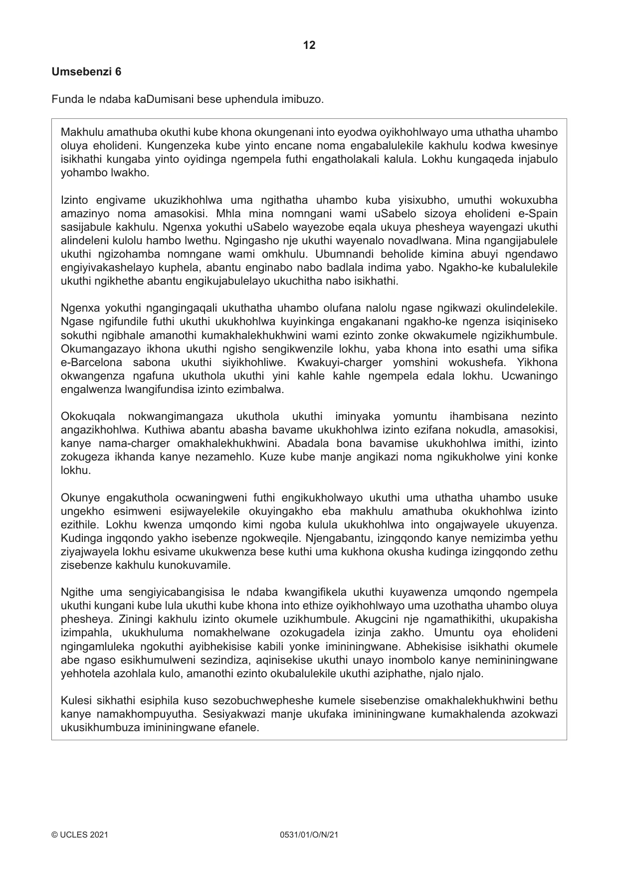 Cambridge IGCSE IsiZulu as a Second Language 0531 2021 Oct/Nov Paper 1 · Variant 0 question paper, page 12 of 16