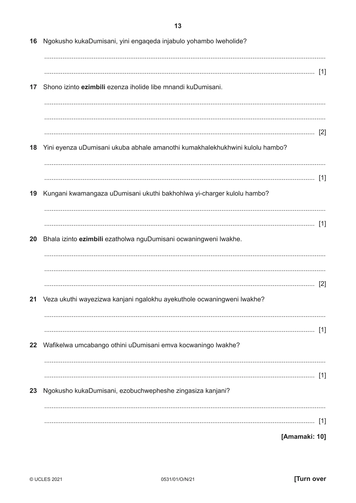 Cambridge IGCSE IsiZulu as a Second Language 0531 2021 Oct/Nov Paper 1 · Variant 0 question paper, page 13 of 16