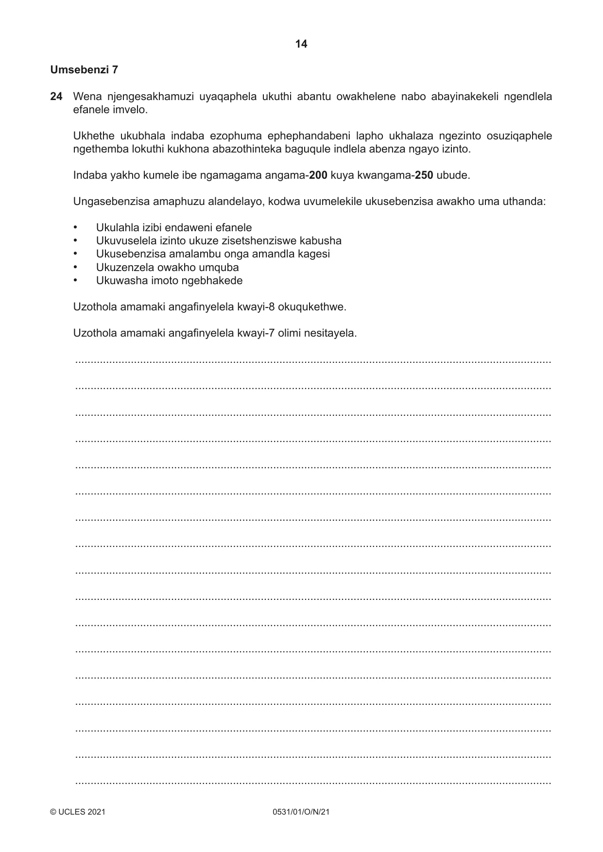 Cambridge IGCSE IsiZulu as a Second Language 0531 2021 Oct/Nov Paper 1 · Variant 0 question paper, page 14 of 16