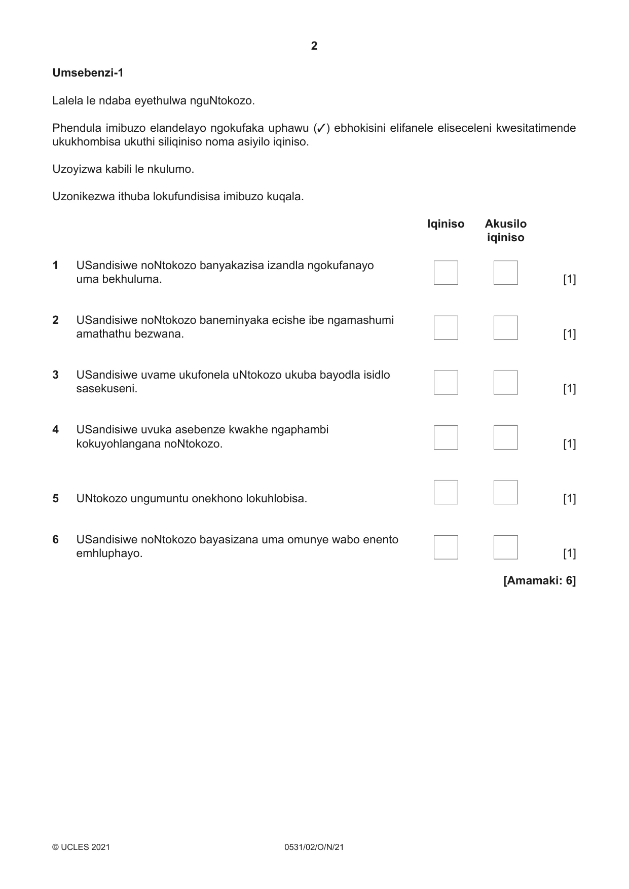 Cambridge IGCSE IsiZulu as a Second Language 0531 2021 Oct/Nov Paper 2 · Variant 0 question paper, page 2 of 8