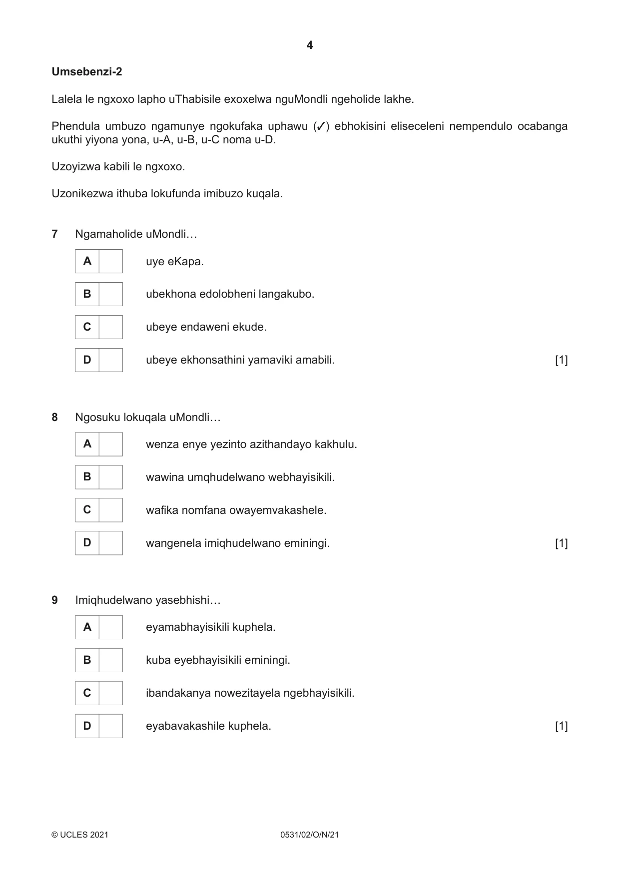 Cambridge IGCSE IsiZulu as a Second Language 0531 2021 Oct/Nov Paper 2 · Variant 0 question paper, page 4 of 8