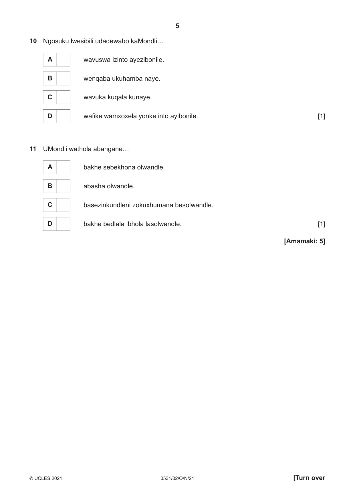 Cambridge IGCSE IsiZulu as a Second Language 0531 2021 Oct/Nov Paper 2 · Variant 0 question paper, page 5 of 8