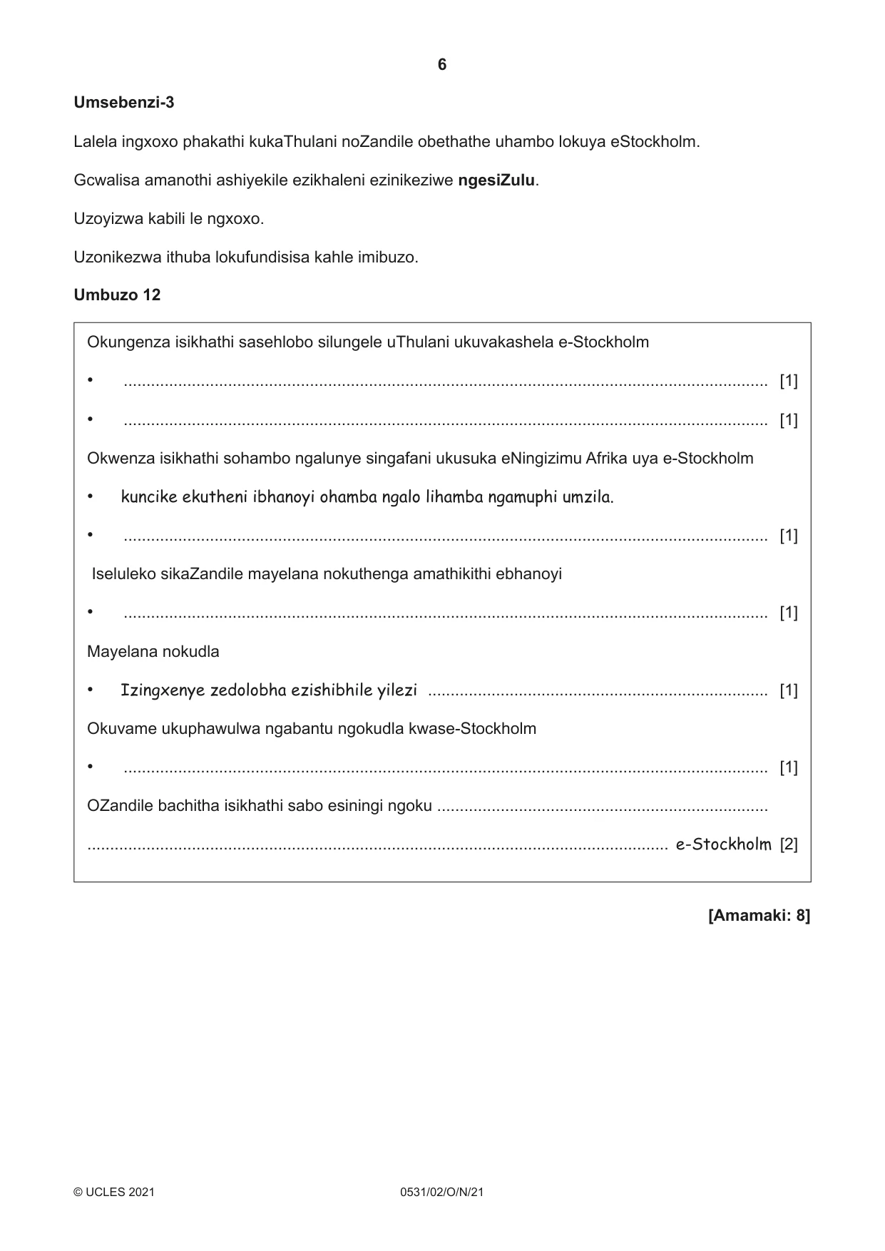Cambridge IGCSE IsiZulu as a Second Language 0531 2021 Oct/Nov Paper 2 · Variant 0 question paper, page 6 of 8