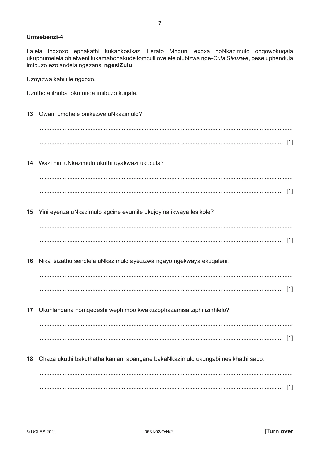 Cambridge IGCSE IsiZulu as a Second Language 0531 2021 Oct/Nov Paper 2 · Variant 0 question paper, page 7 of 8