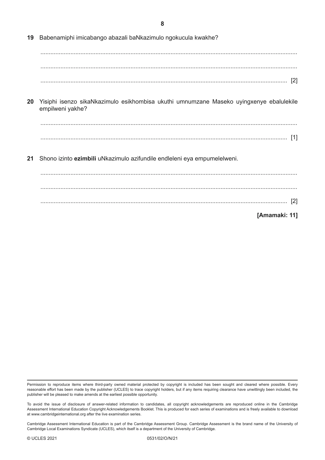Cambridge IGCSE IsiZulu as a Second Language 0531 2021 Oct/Nov Paper 2 · Variant 0 question paper, page 8 of 8