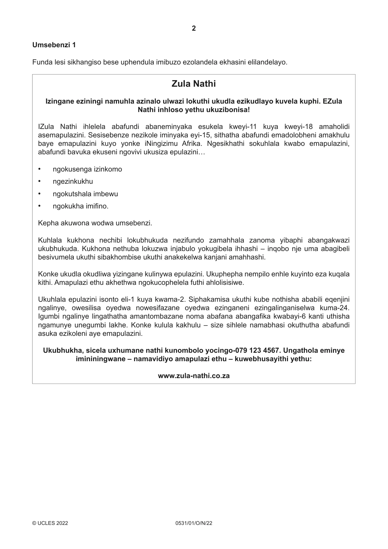 Cambridge IGCSE IsiZulu as a Second Language 0531 2022 Oct/Nov Paper 1 · Variant 0 question paper, page 2 of 16