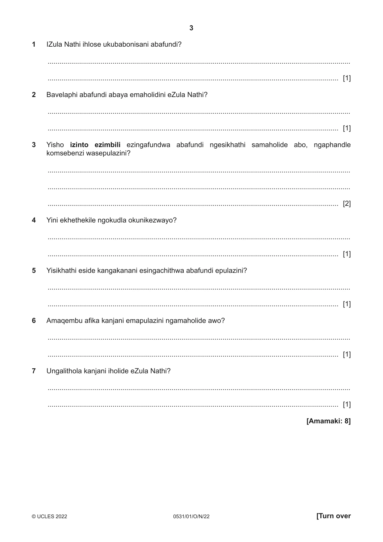 Cambridge IGCSE IsiZulu as a Second Language 0531 2022 Oct/Nov Paper 1 · Variant 0 question paper, page 3 of 16