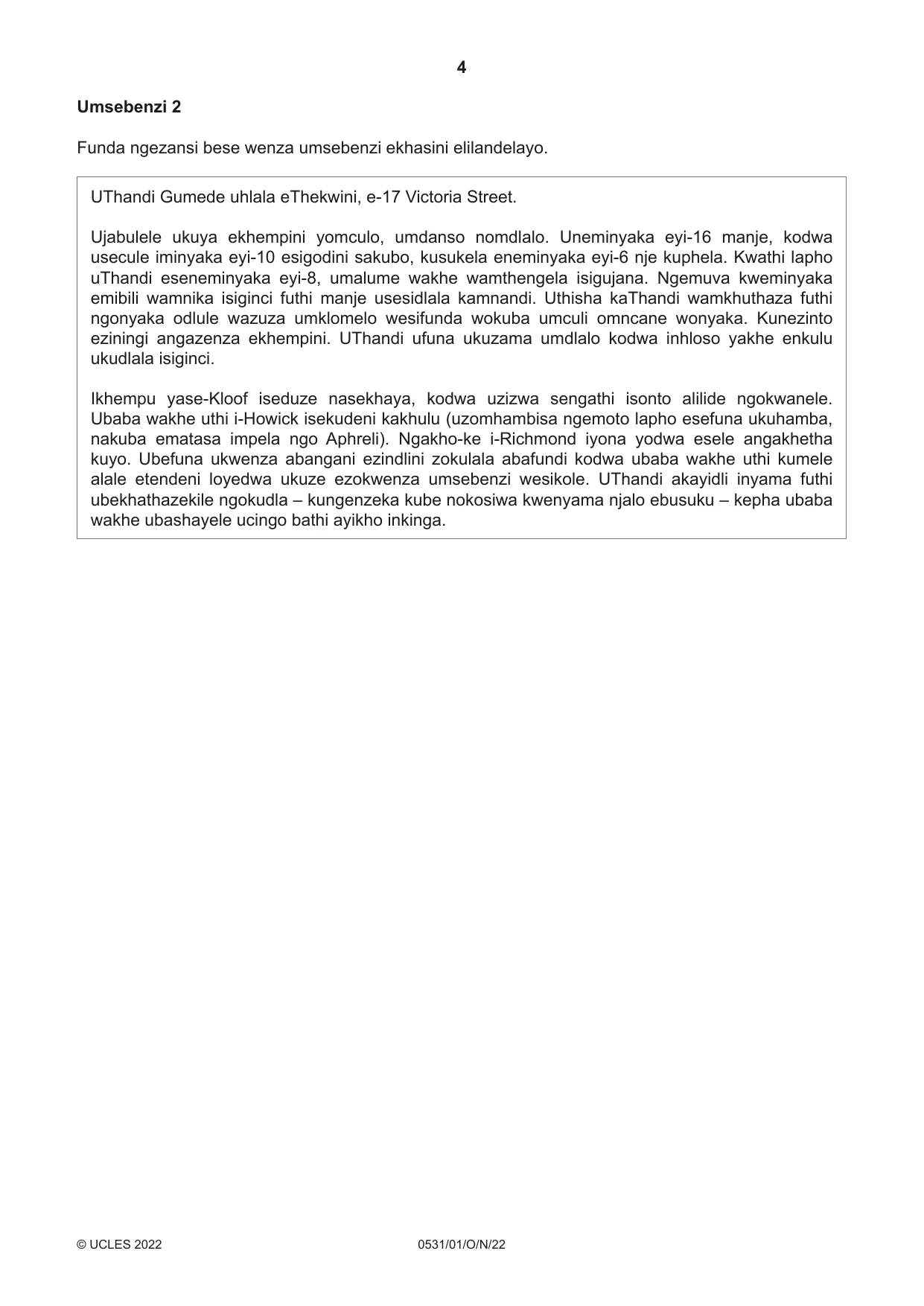 Cambridge IGCSE IsiZulu as a Second Language 0531 2022 Oct/Nov Paper 1 · Variant 0 question paper, page 4 of 16