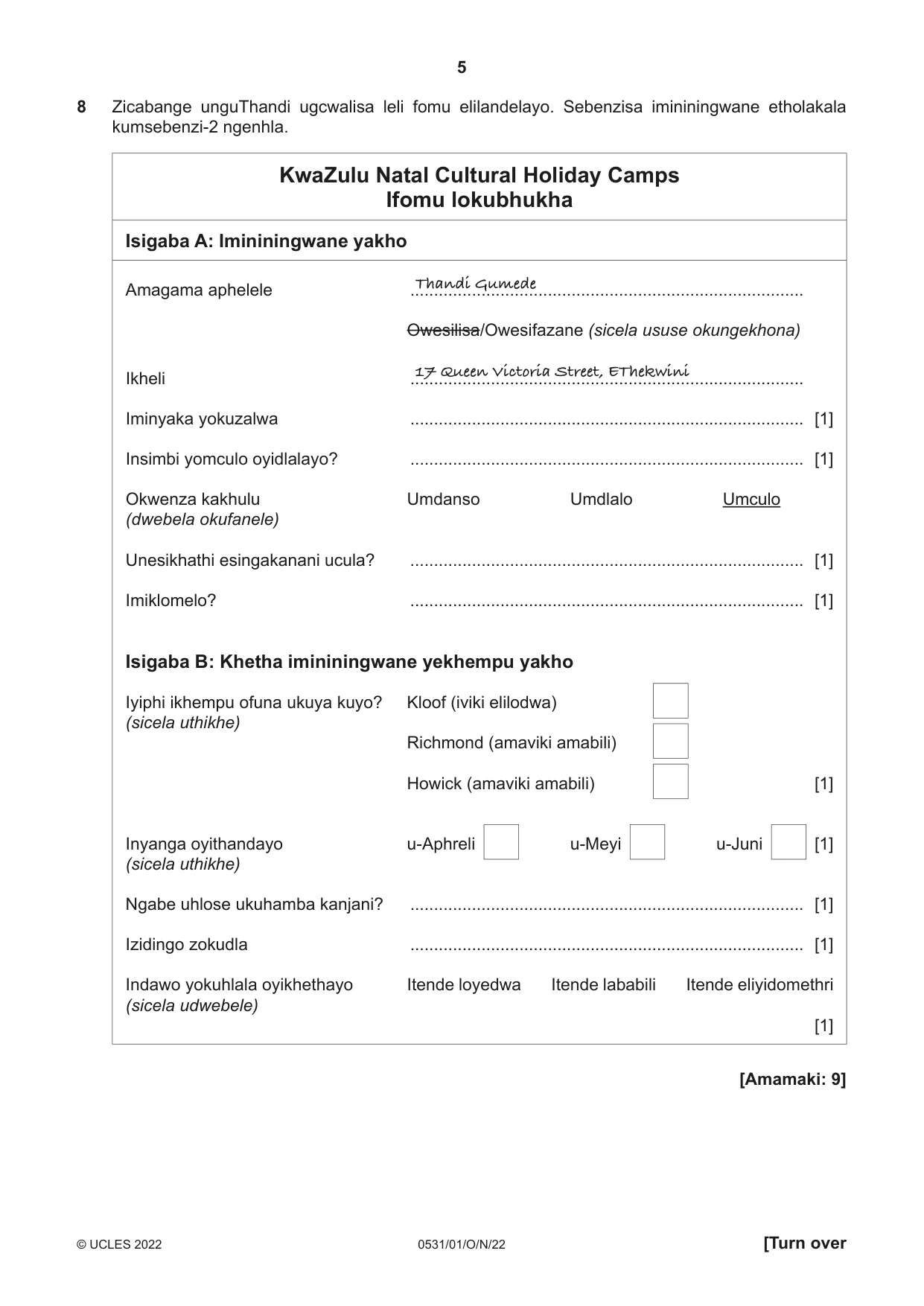 Cambridge IGCSE IsiZulu as a Second Language 0531 2022 Oct/Nov Paper 1 · Variant 0 question paper, page 5 of 16