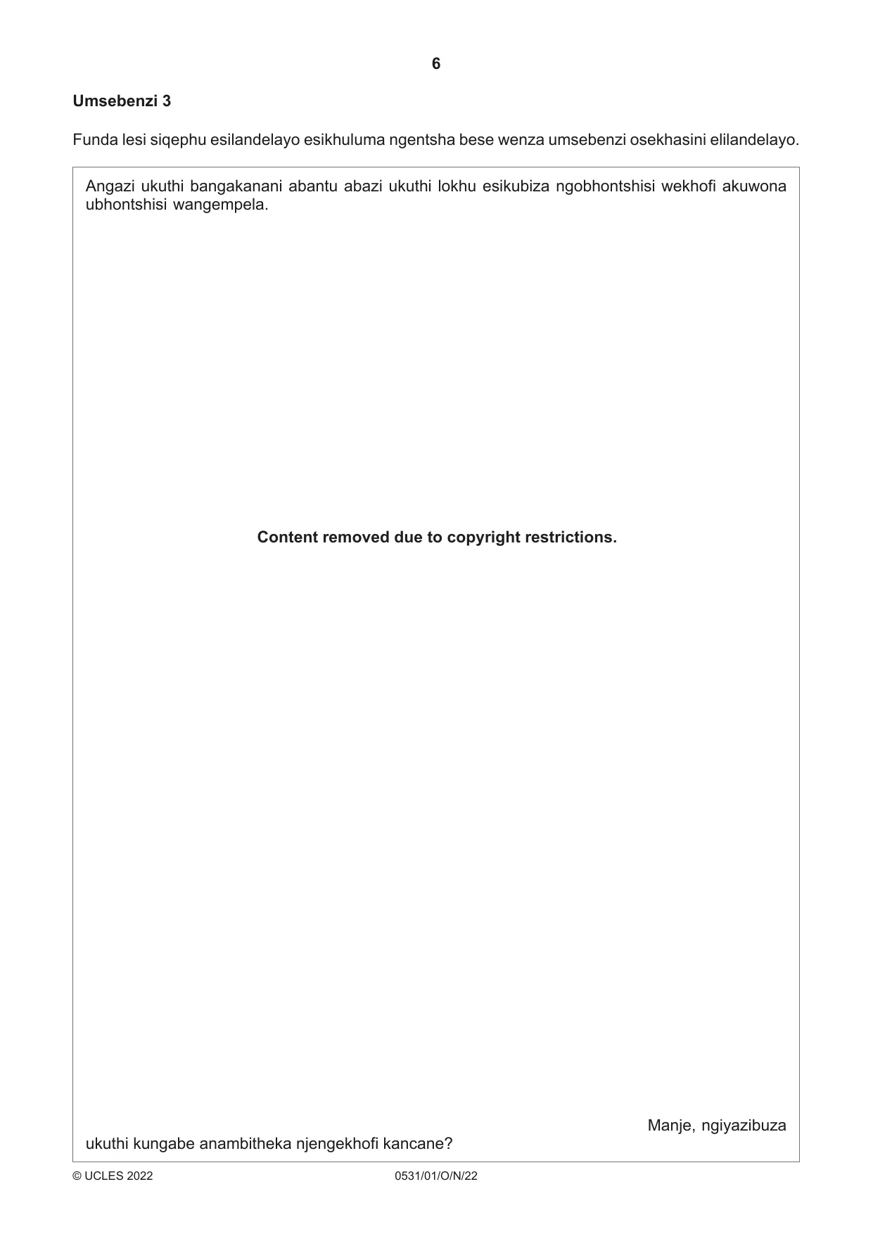 Cambridge IGCSE IsiZulu as a Second Language 0531 2022 Oct/Nov Paper 1 · Variant 0 question paper, page 6 of 16