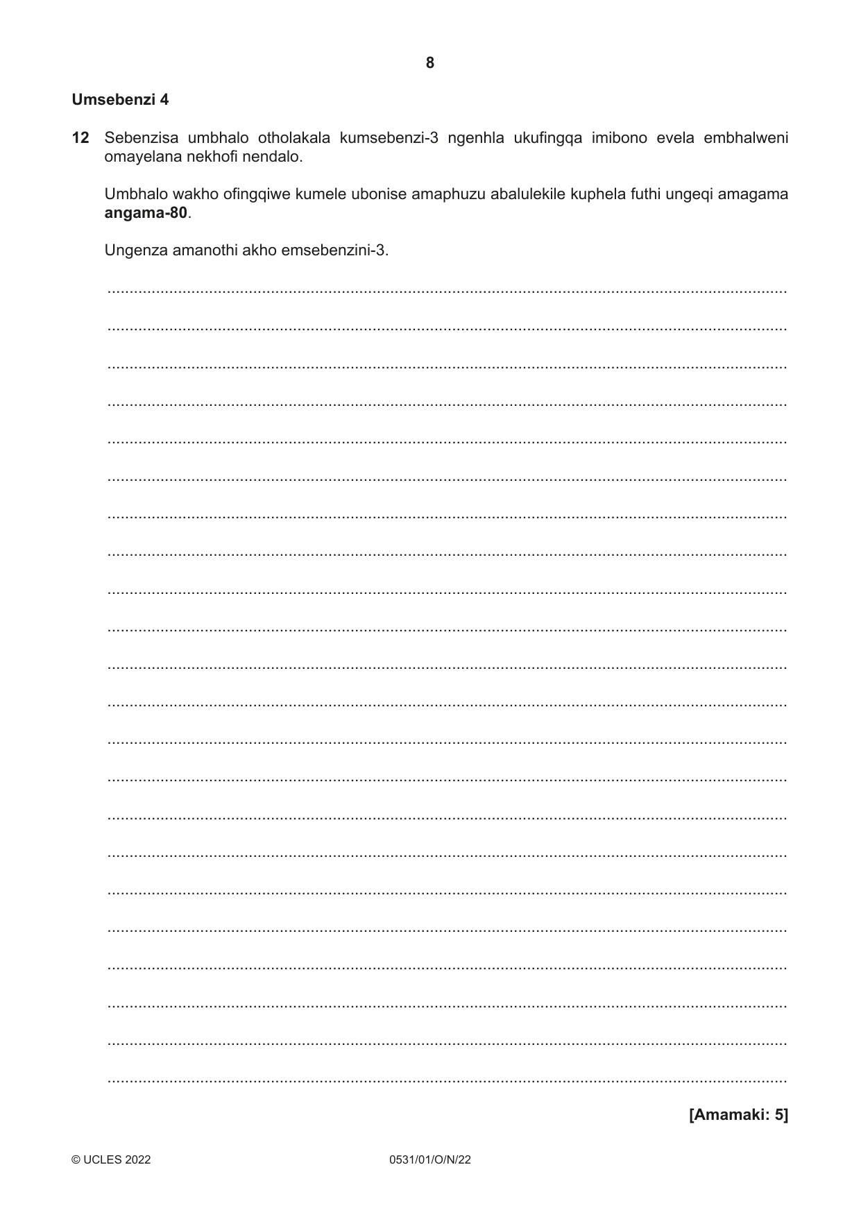 Cambridge IGCSE IsiZulu as a Second Language 0531 2022 Oct/Nov Paper 1 · Variant 0 question paper, page 8 of 16