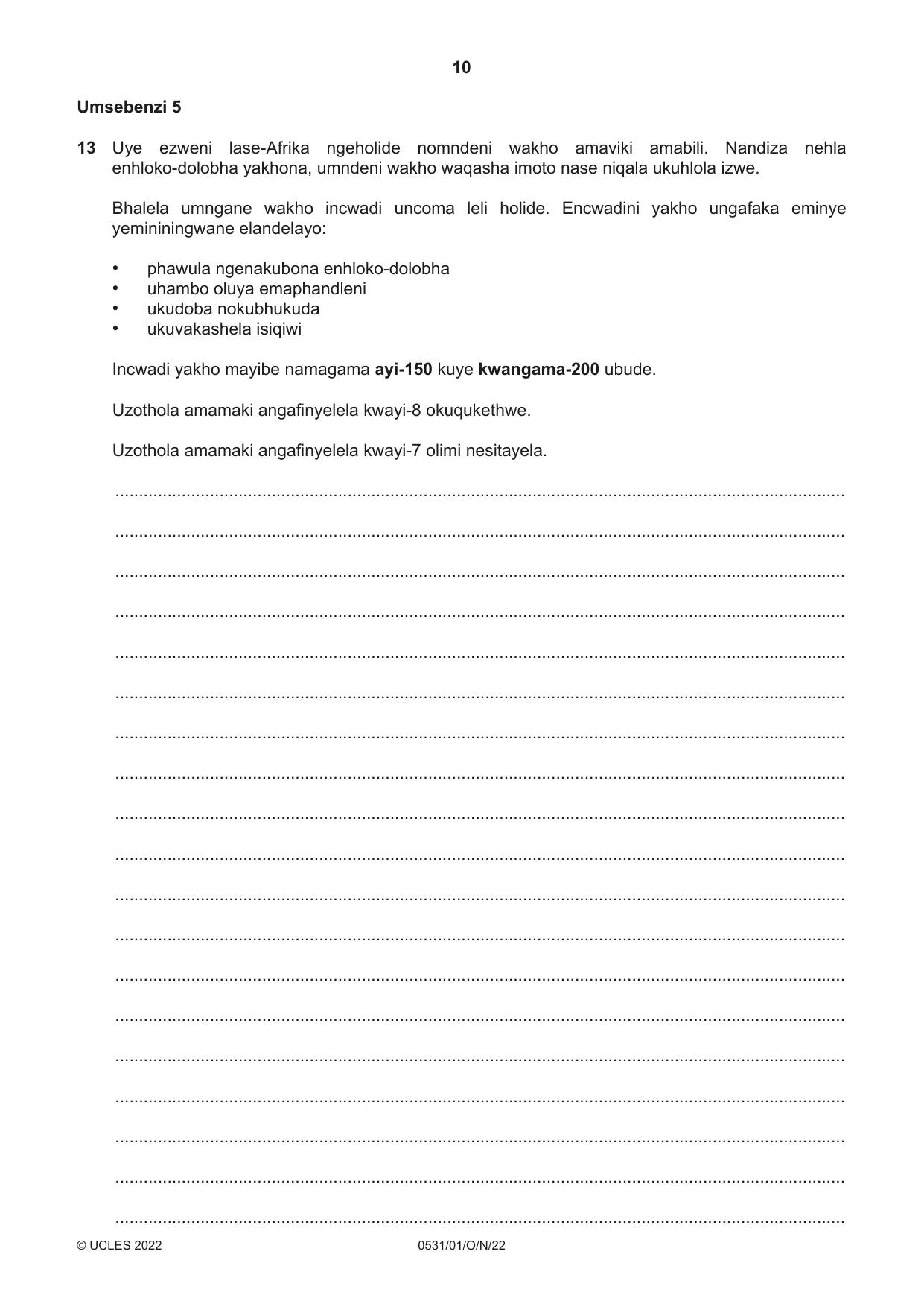 Cambridge IGCSE IsiZulu as a Second Language 0531 2022 Oct/Nov Paper 1 · Variant 0 question paper, page 10 of 16