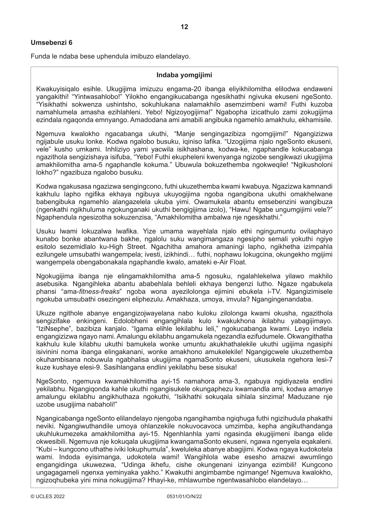 Cambridge IGCSE IsiZulu as a Second Language 0531 2022 Oct/Nov Paper 1 · Variant 0 question paper, page 12 of 16