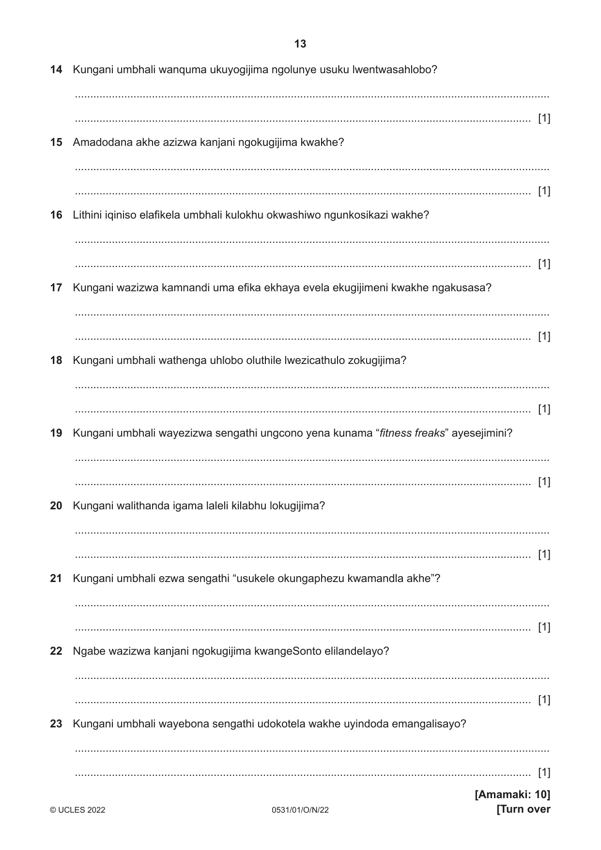 Cambridge IGCSE IsiZulu as a Second Language 0531 2022 Oct/Nov Paper 1 · Variant 0 question paper, page 13 of 16