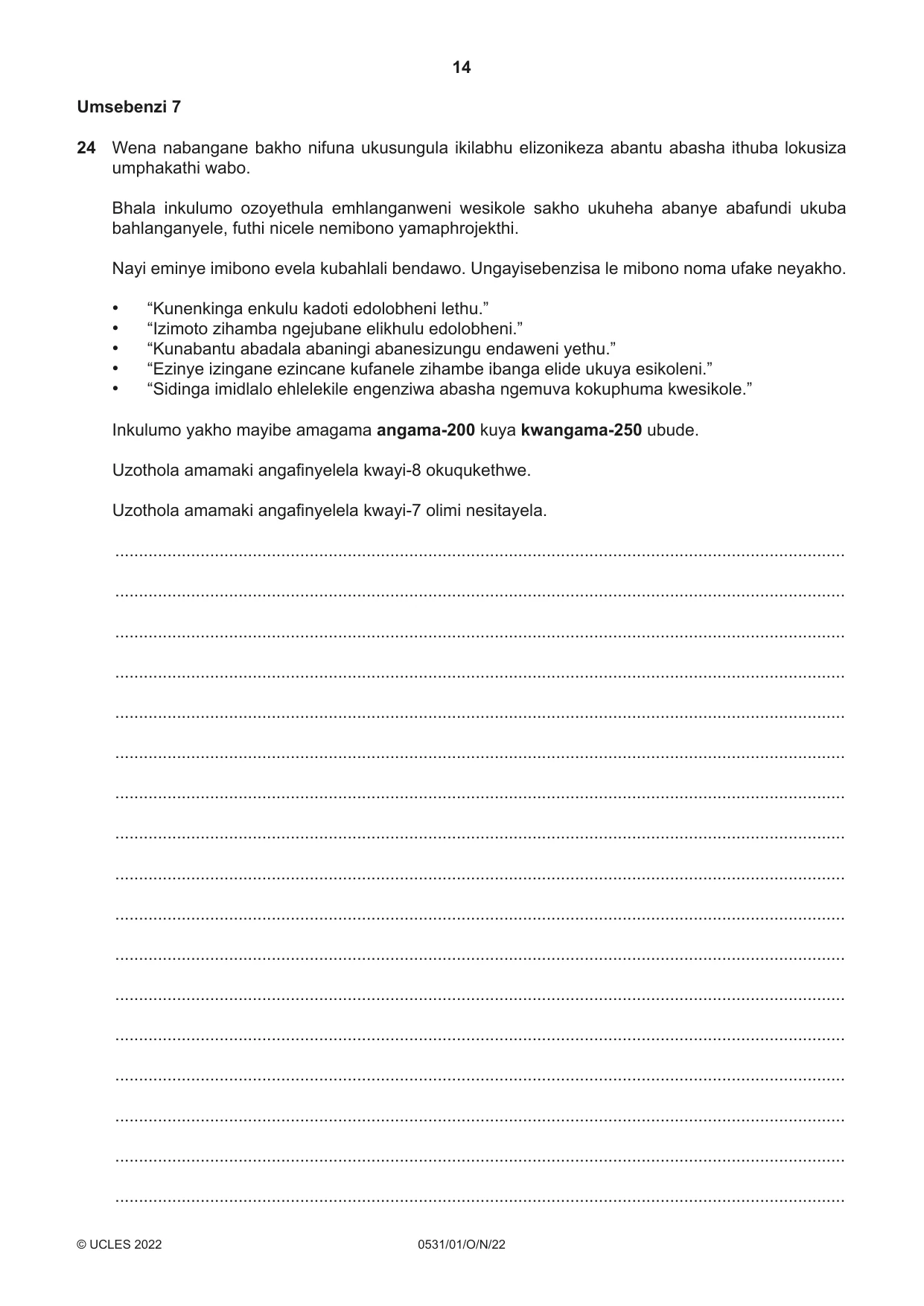 Cambridge IGCSE IsiZulu as a Second Language 0531 2022 Oct/Nov Paper 1 · Variant 0 question paper, page 14 of 16