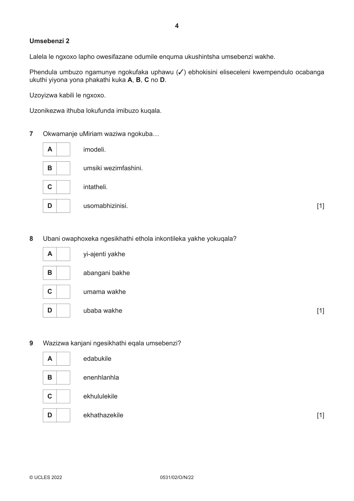 Cambridge IGCSE IsiZulu as a Second Language 0531 2022 Oct/Nov Paper 2 · Variant 0 question paper, page 4 of 8