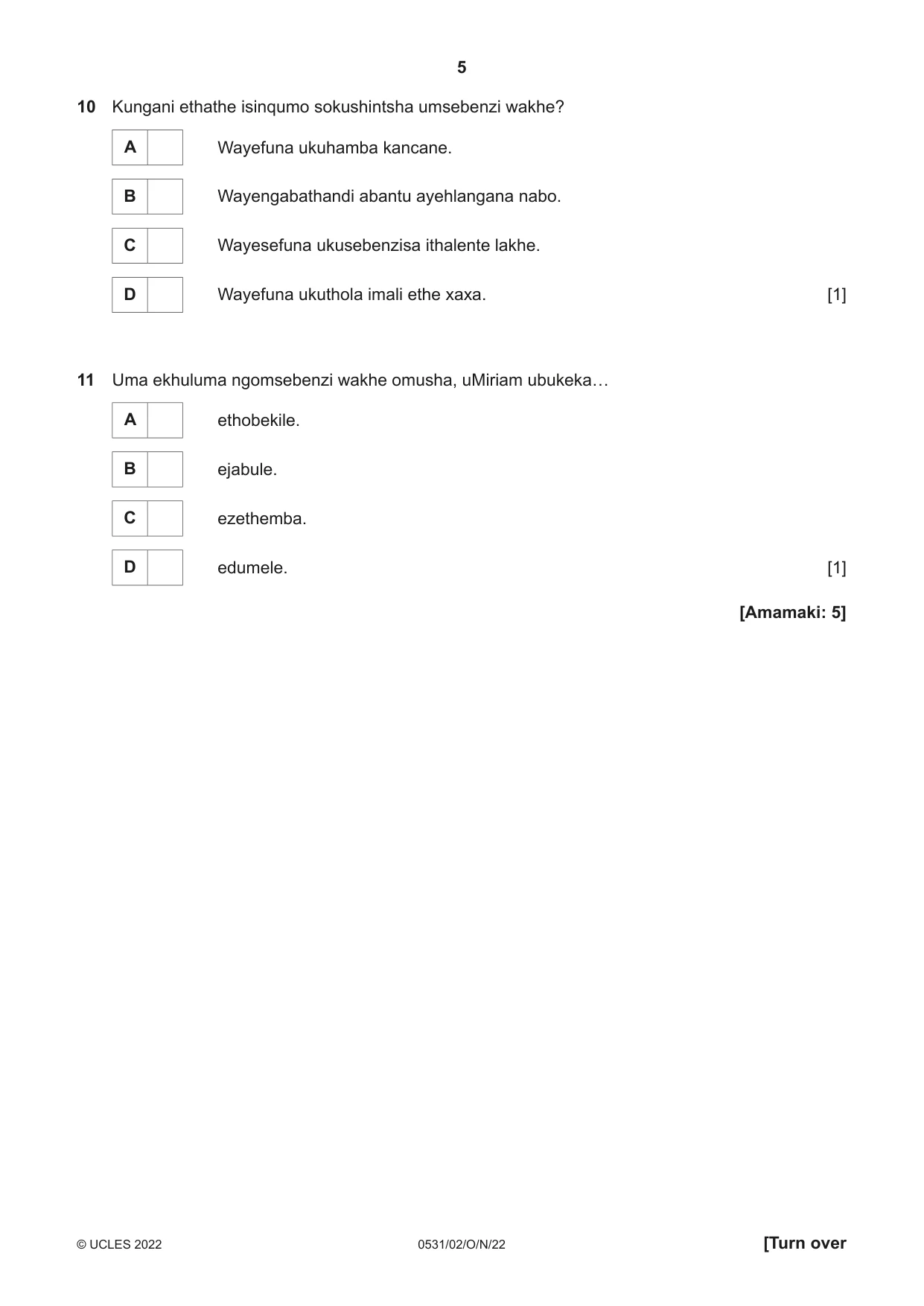Cambridge IGCSE IsiZulu as a Second Language 0531 2022 Oct/Nov Paper 2 · Variant 0 question paper, page 5 of 8