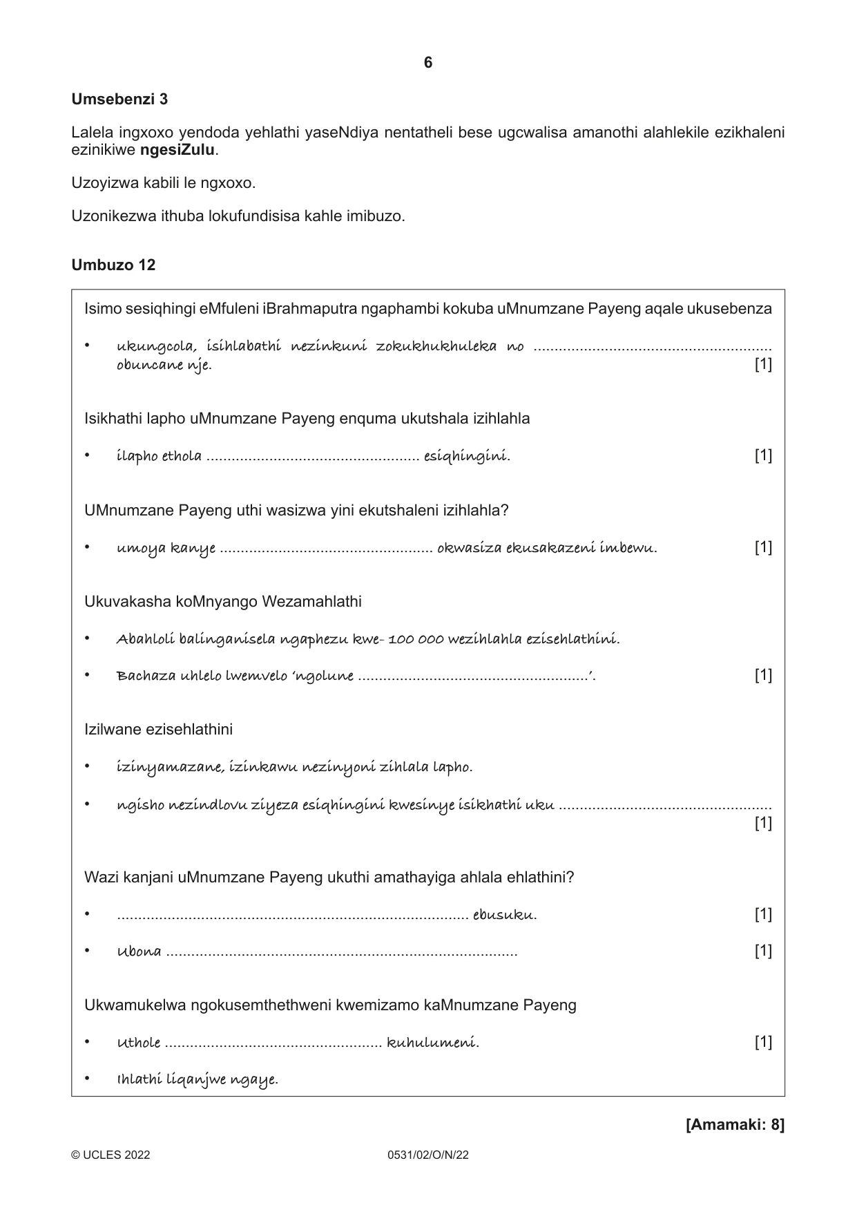 Cambridge IGCSE IsiZulu as a Second Language 0531 2022 Oct/Nov Paper 2 · Variant 0 question paper, page 6 of 8