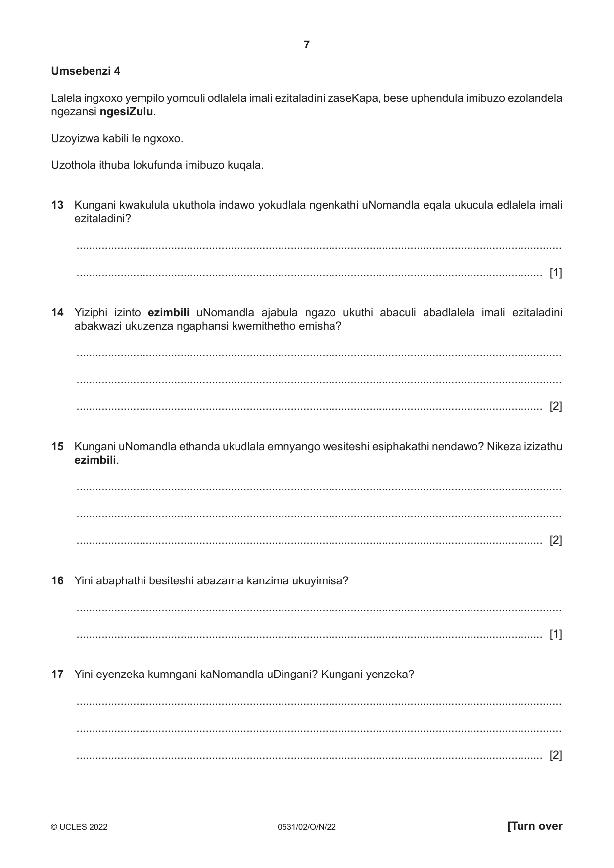 Cambridge IGCSE IsiZulu as a Second Language 0531 2022 Oct/Nov Paper 2 · Variant 0 question paper, page 7 of 8