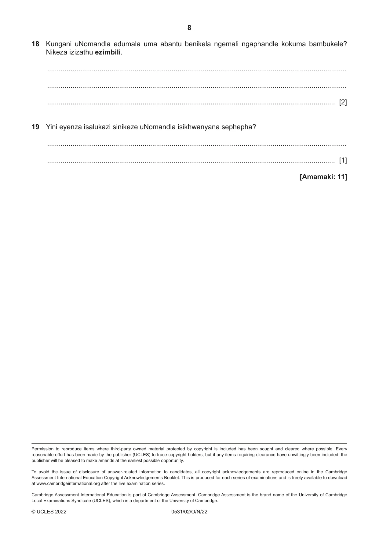 Cambridge IGCSE IsiZulu as a Second Language 0531 2022 Oct/Nov Paper 2 · Variant 0 question paper, page 8 of 8