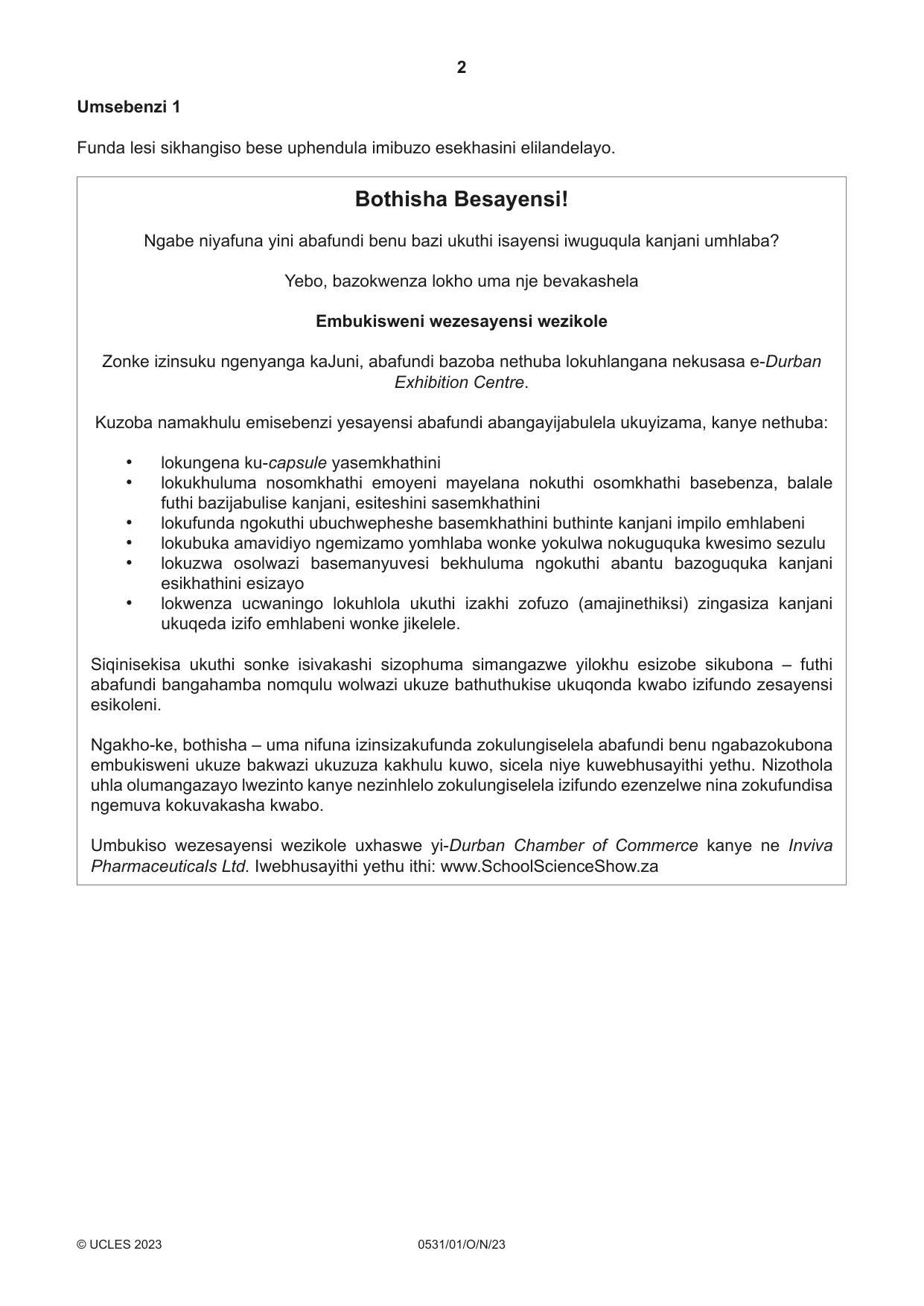 Cambridge IGCSE IsiZulu as a Second Language 0531 2023 Oct/Nov Paper 1 · Variant 0 question paper, page 2 of 20