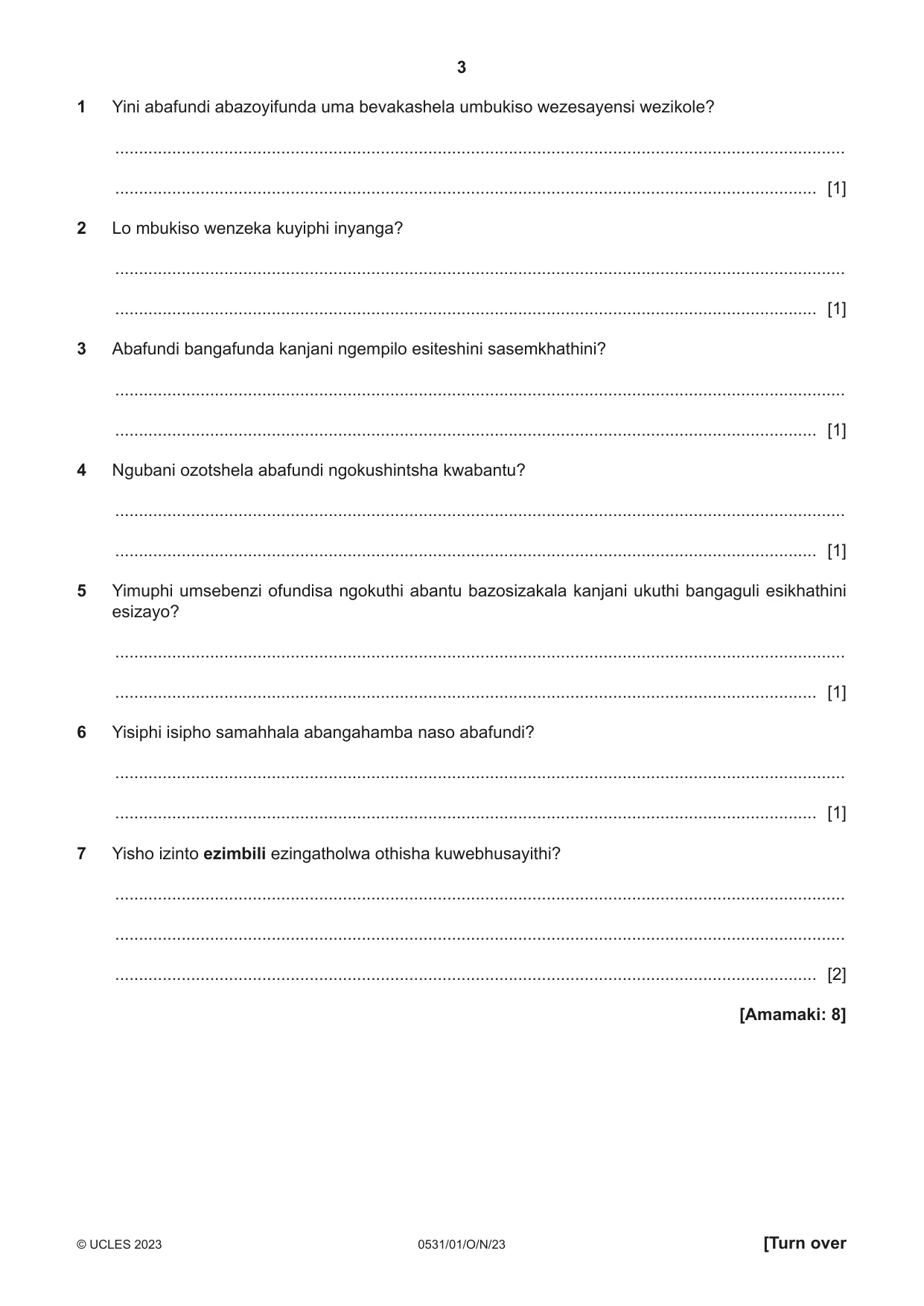 Cambridge IGCSE IsiZulu as a Second Language 0531 2023 Oct/Nov Paper 1 · Variant 0 question paper, page 3 of 20