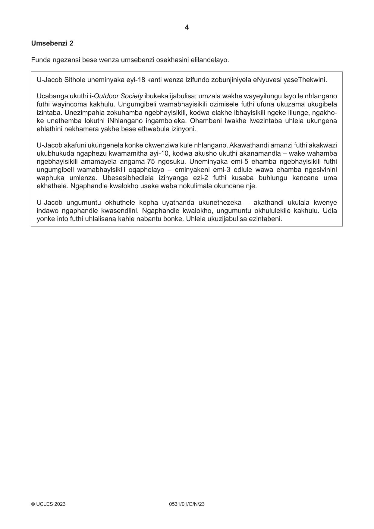 Cambridge IGCSE IsiZulu as a Second Language 0531 2023 Oct/Nov Paper 1 · Variant 0 question paper, page 4 of 20