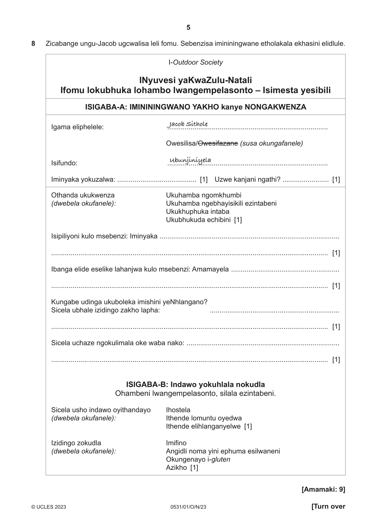 Cambridge IGCSE IsiZulu as a Second Language 0531 2023 Oct/Nov Paper 1 · Variant 0 question paper, page 5 of 20