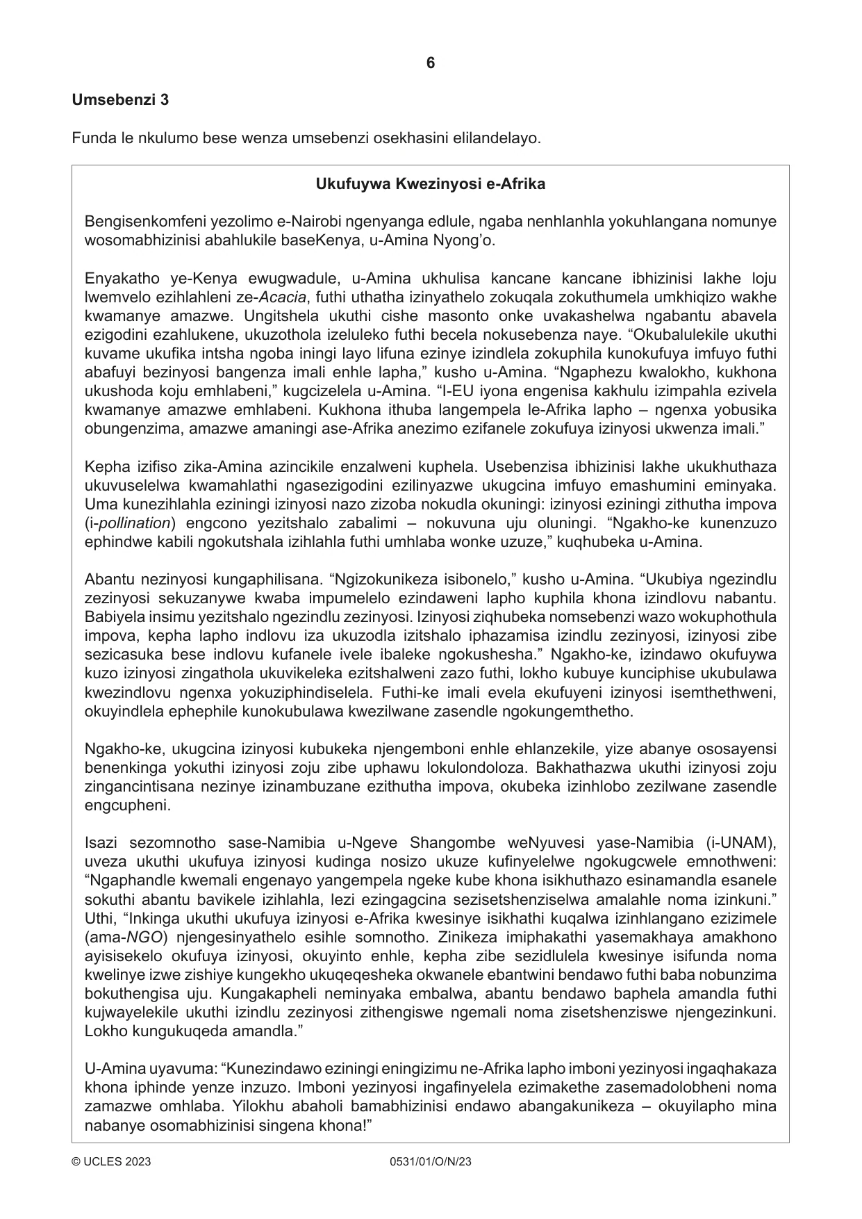 Cambridge IGCSE IsiZulu as a Second Language 0531 2023 Oct/Nov Paper 1 · Variant 0 question paper, page 6 of 20