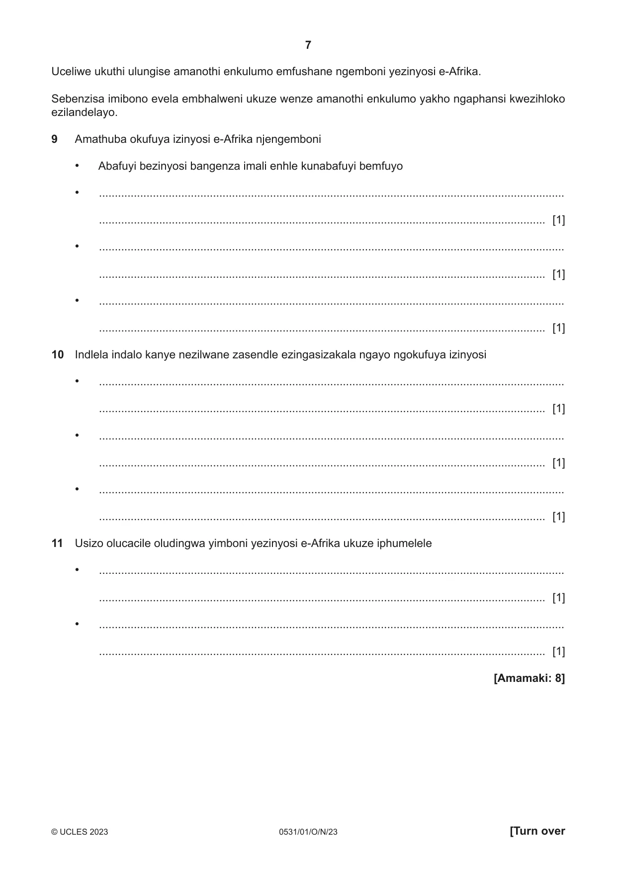 Cambridge IGCSE IsiZulu as a Second Language 0531 2023 Oct/Nov Paper 1 · Variant 0 question paper, page 7 of 20