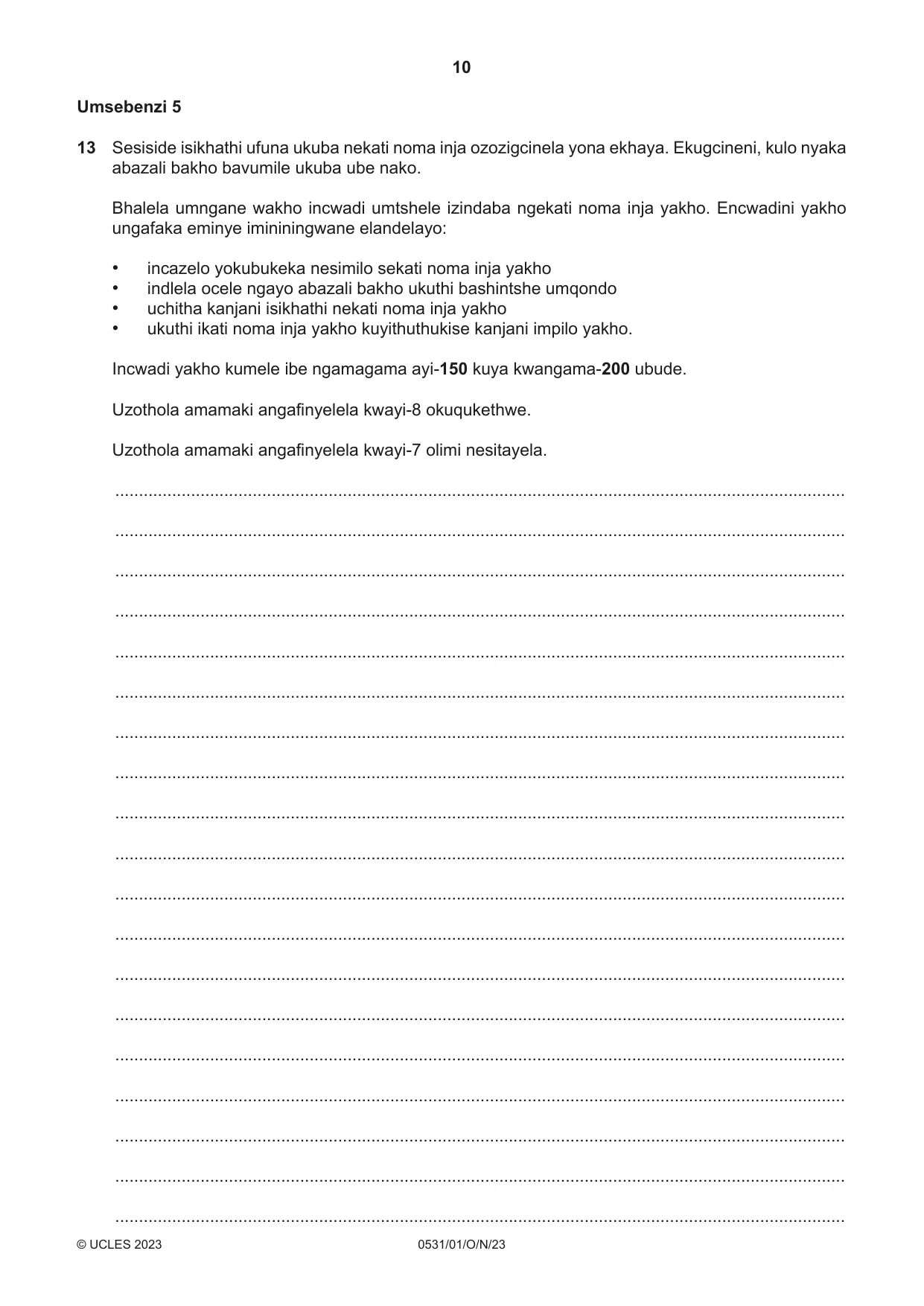 Cambridge IGCSE IsiZulu as a Second Language 0531 2023 Oct/Nov Paper 1 · Variant 0 question paper, page 10 of 20