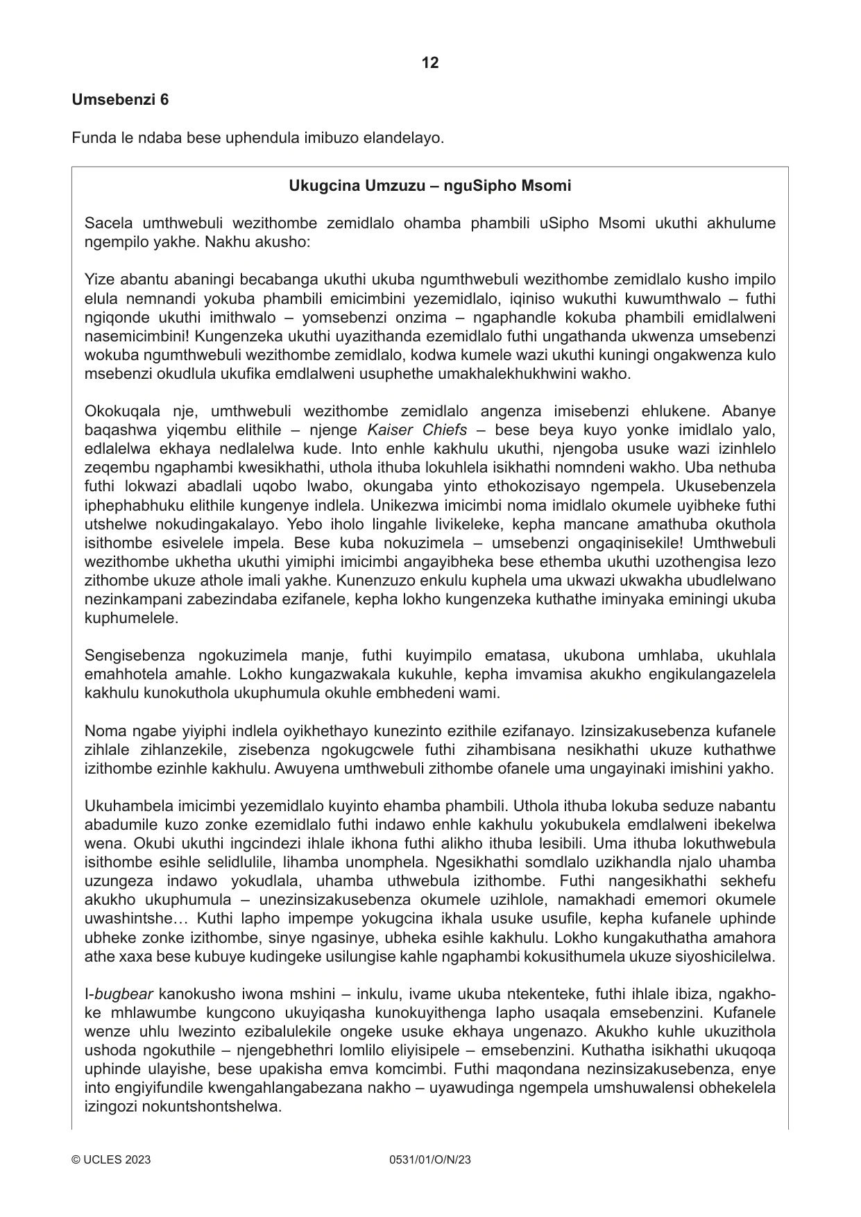 Cambridge IGCSE IsiZulu as a Second Language 0531 2023 Oct/Nov Paper 1 · Variant 0 question paper, page 12 of 20