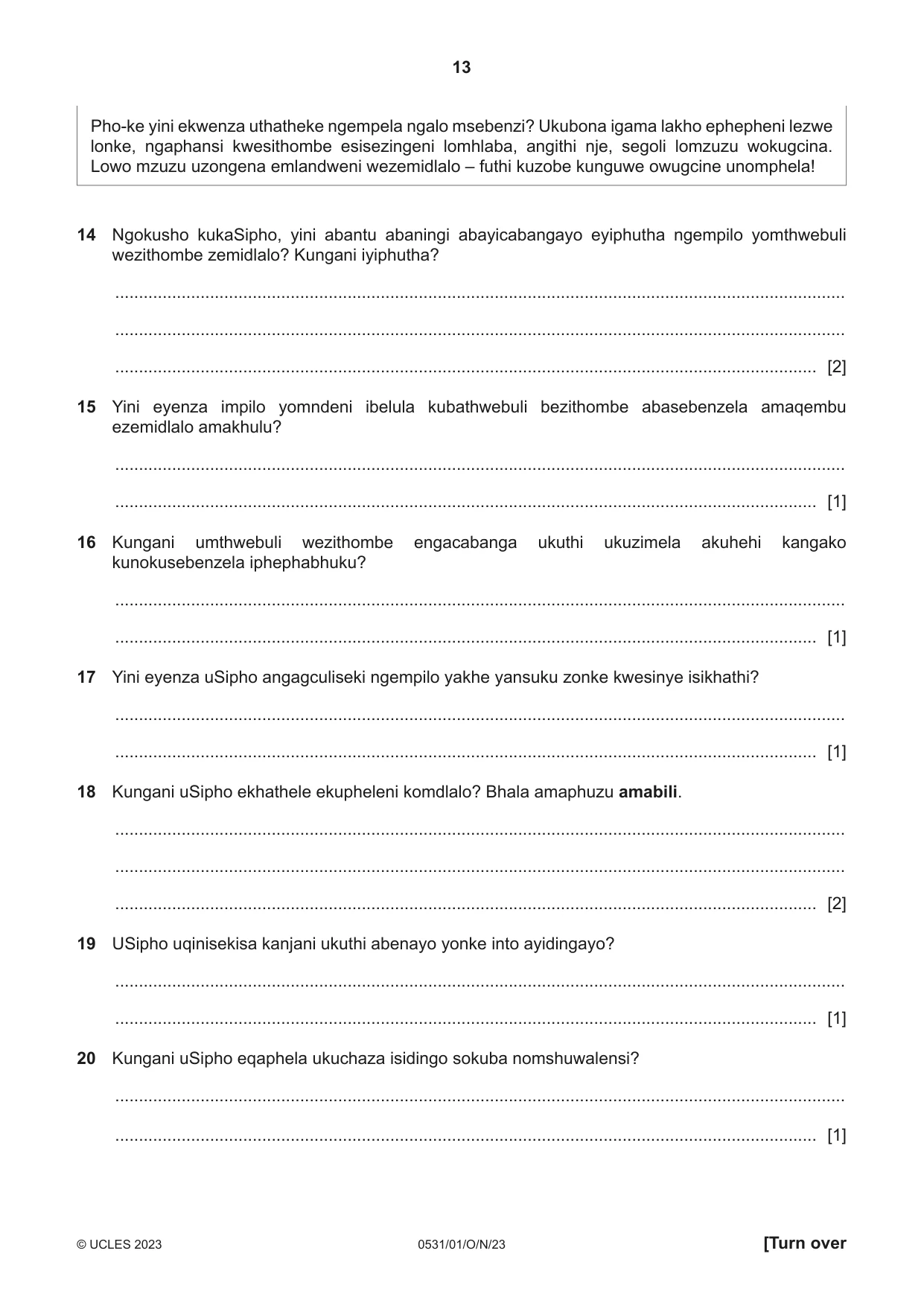 Cambridge IGCSE IsiZulu as a Second Language 0531 2023 Oct/Nov Paper 1 · Variant 0 question paper, page 13 of 20