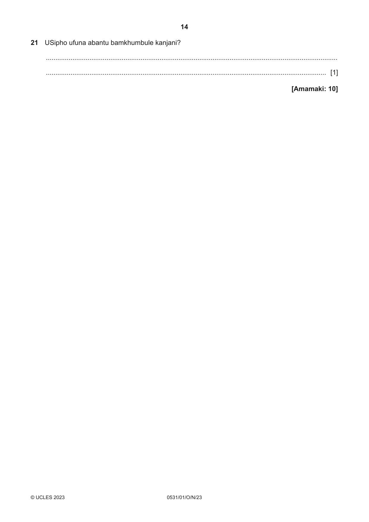 Cambridge IGCSE IsiZulu as a Second Language 0531 2023 Oct/Nov Paper 1 · Variant 0 question paper, page 14 of 20