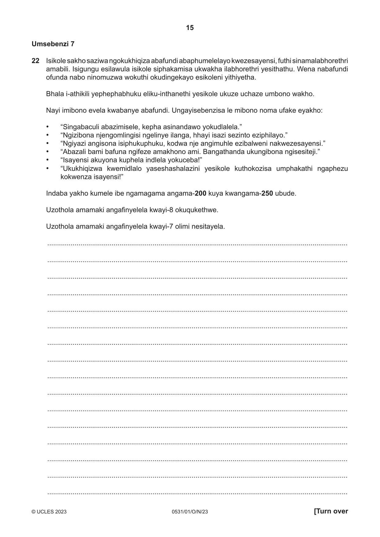 Cambridge IGCSE IsiZulu as a Second Language 0531 2023 Oct/Nov Paper 1 · Variant 0 question paper, page 15 of 20
