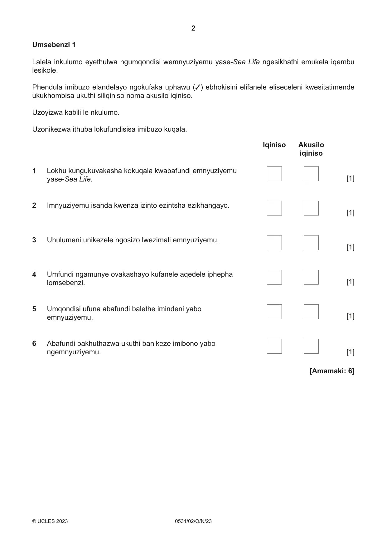 Cambridge IGCSE IsiZulu as a Second Language 0531 2023 Oct/Nov Paper 2 · Variant 0 question paper, page 2 of 8