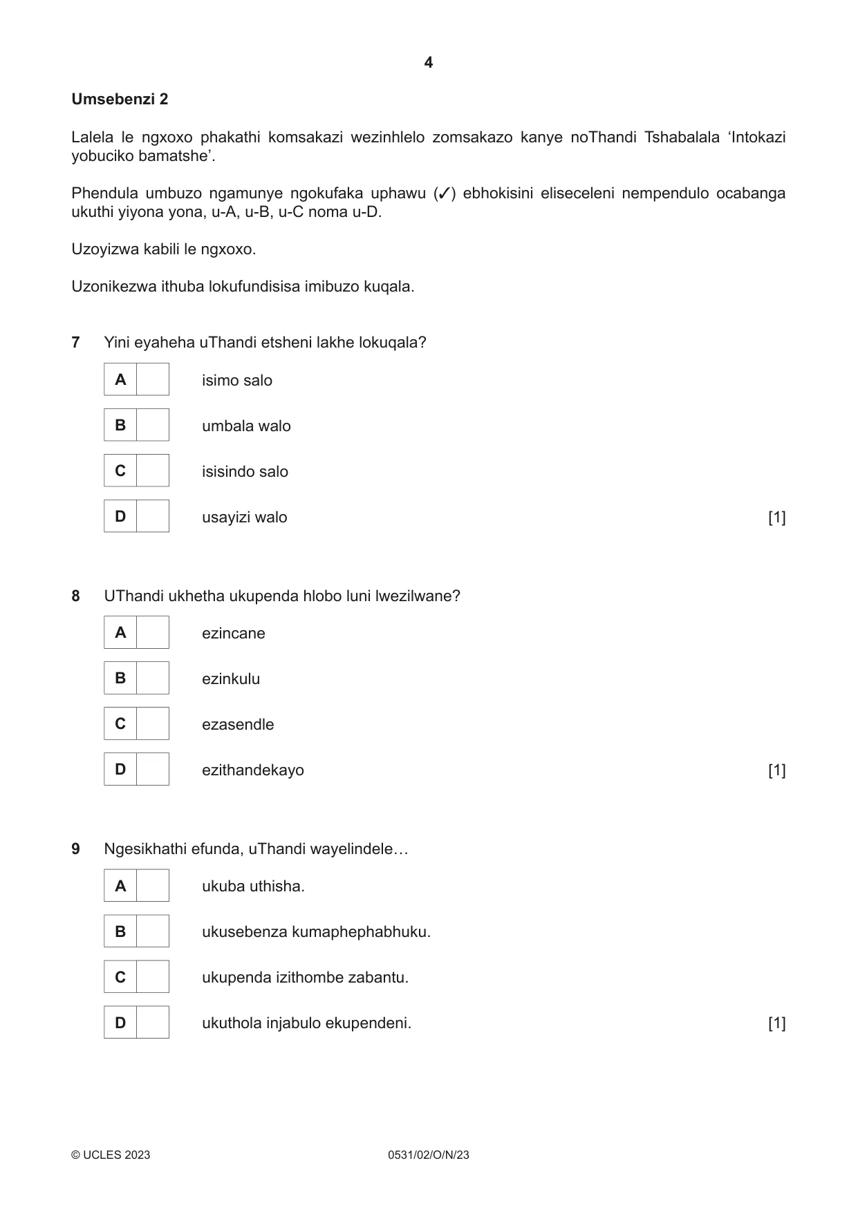 Cambridge IGCSE IsiZulu as a Second Language 0531 2023 Oct/Nov Paper 2 · Variant 0 question paper, page 4 of 8