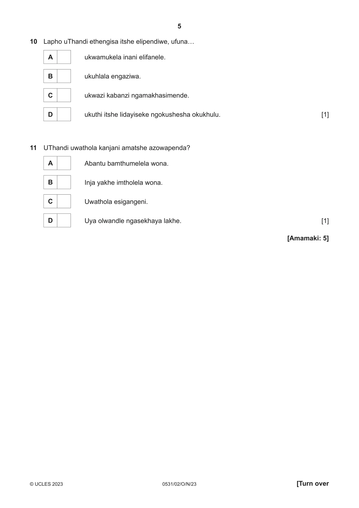 Cambridge IGCSE IsiZulu as a Second Language 0531 2023 Oct/Nov Paper 2 · Variant 0 question paper, page 5 of 8