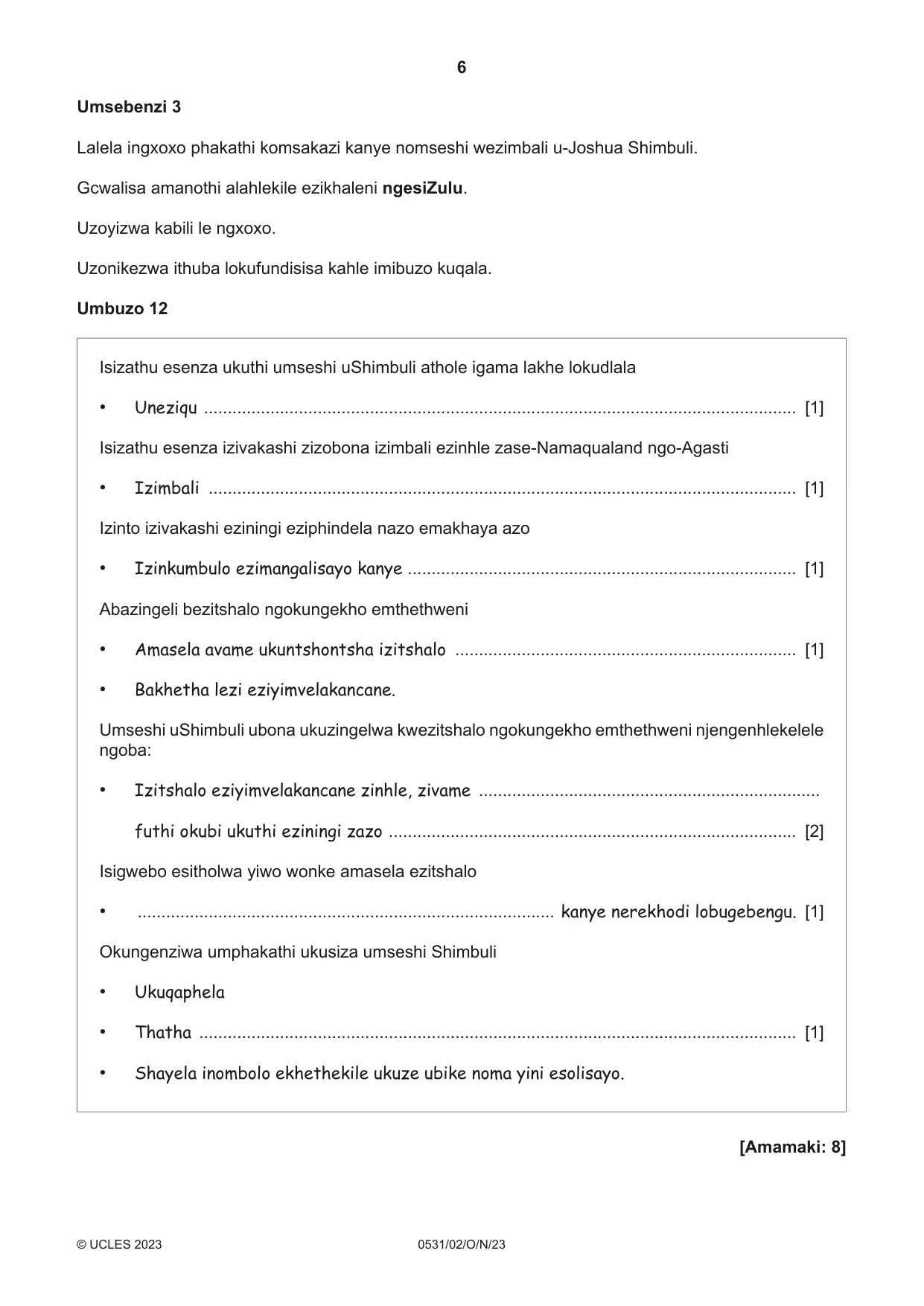 Cambridge IGCSE IsiZulu as a Second Language 0531 2023 Oct/Nov Paper 2 · Variant 0 question paper, page 6 of 8