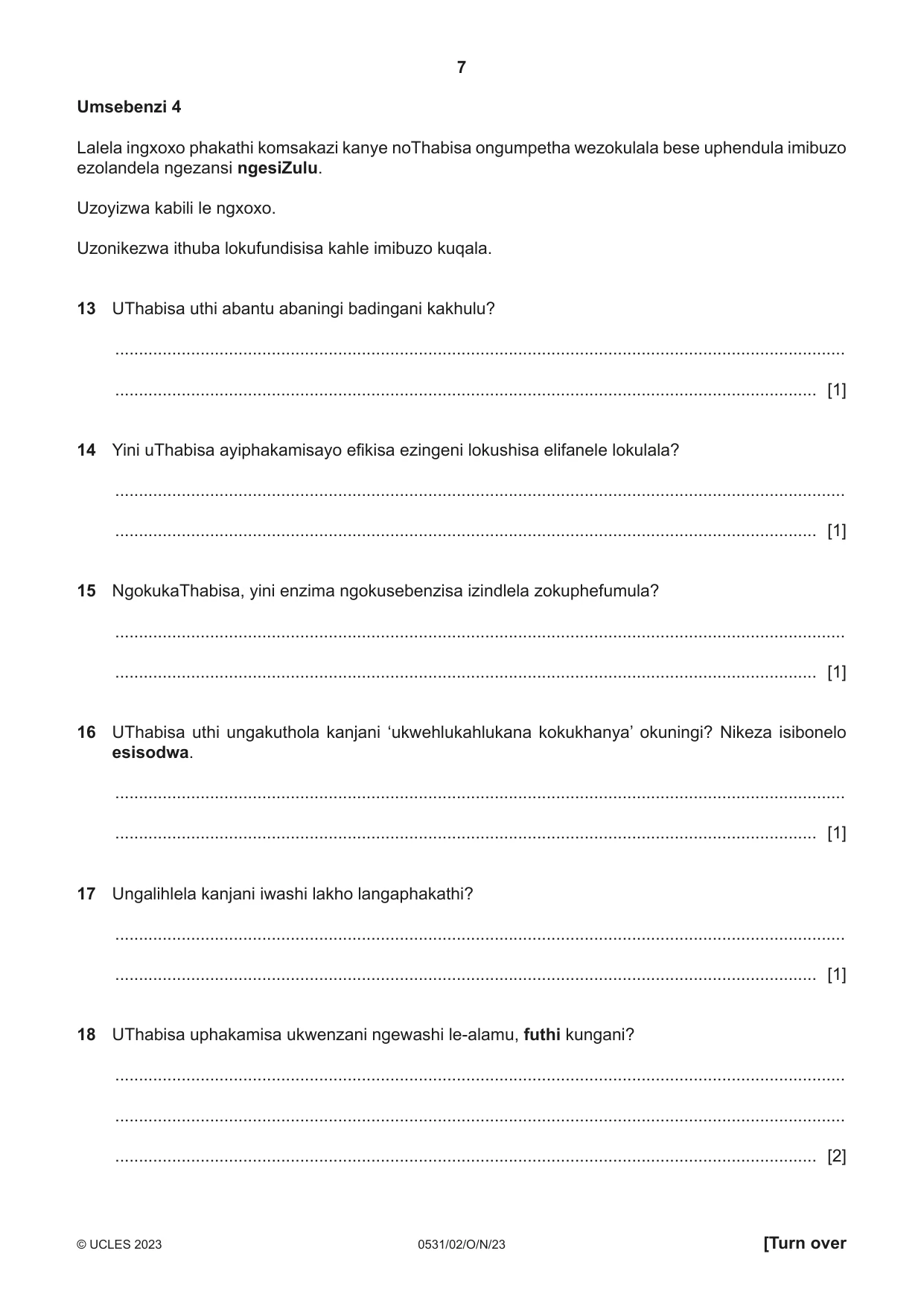 Cambridge IGCSE IsiZulu as a Second Language 0531 2023 Oct/Nov Paper 2 · Variant 0 question paper, page 7 of 8