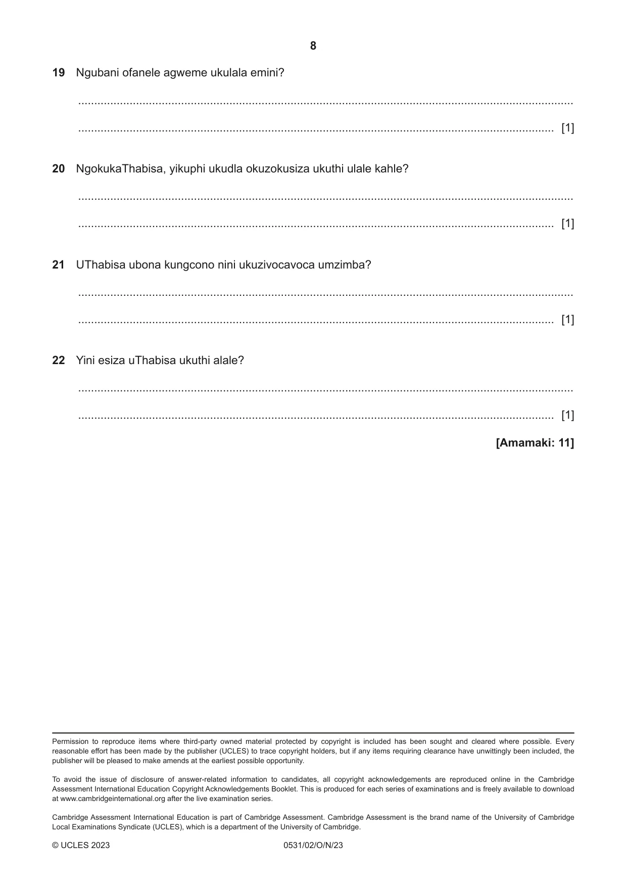 Cambridge IGCSE IsiZulu as a Second Language 0531 2023 Oct/Nov Paper 2 · Variant 0 question paper, page 8 of 8