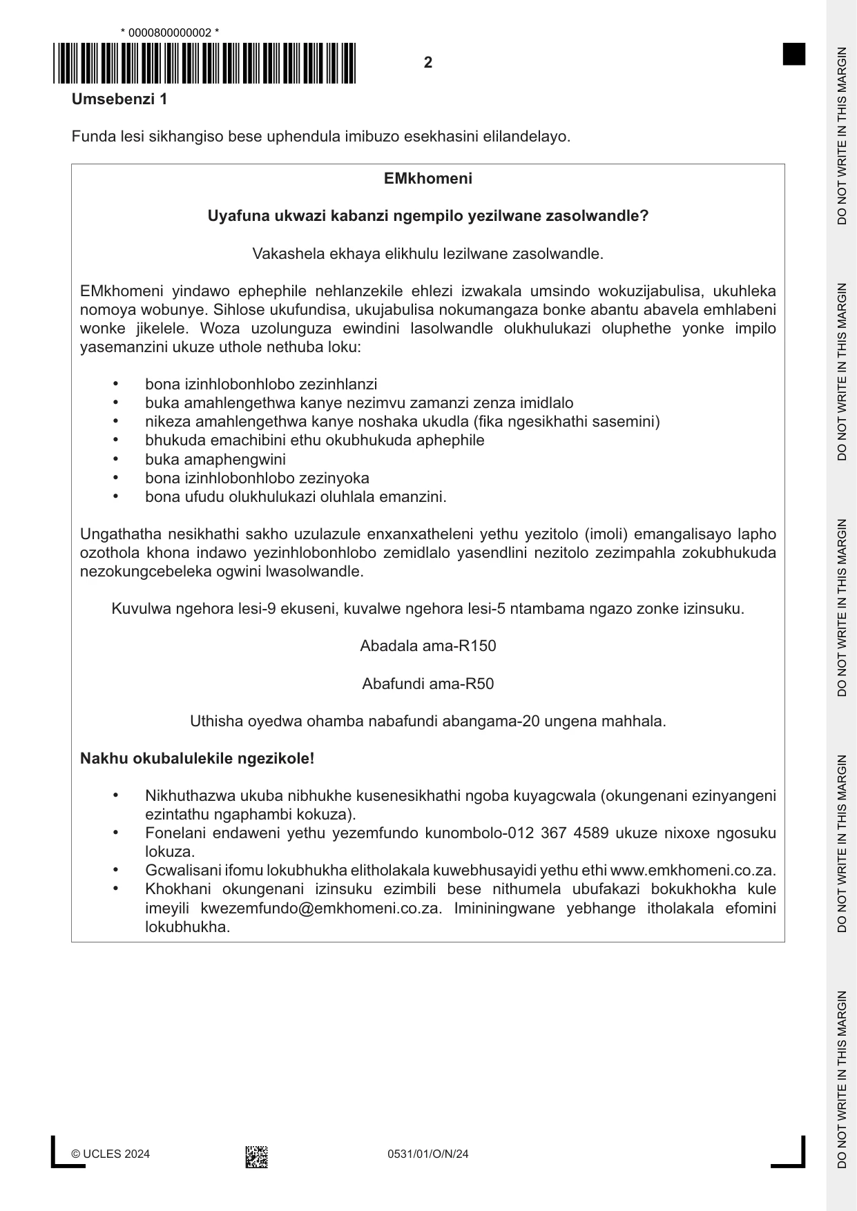 Cambridge IGCSE IsiZulu as a Second Language 0531 2024 Oct/Nov Paper 1 · Variant 0 question paper, page 2 of 16