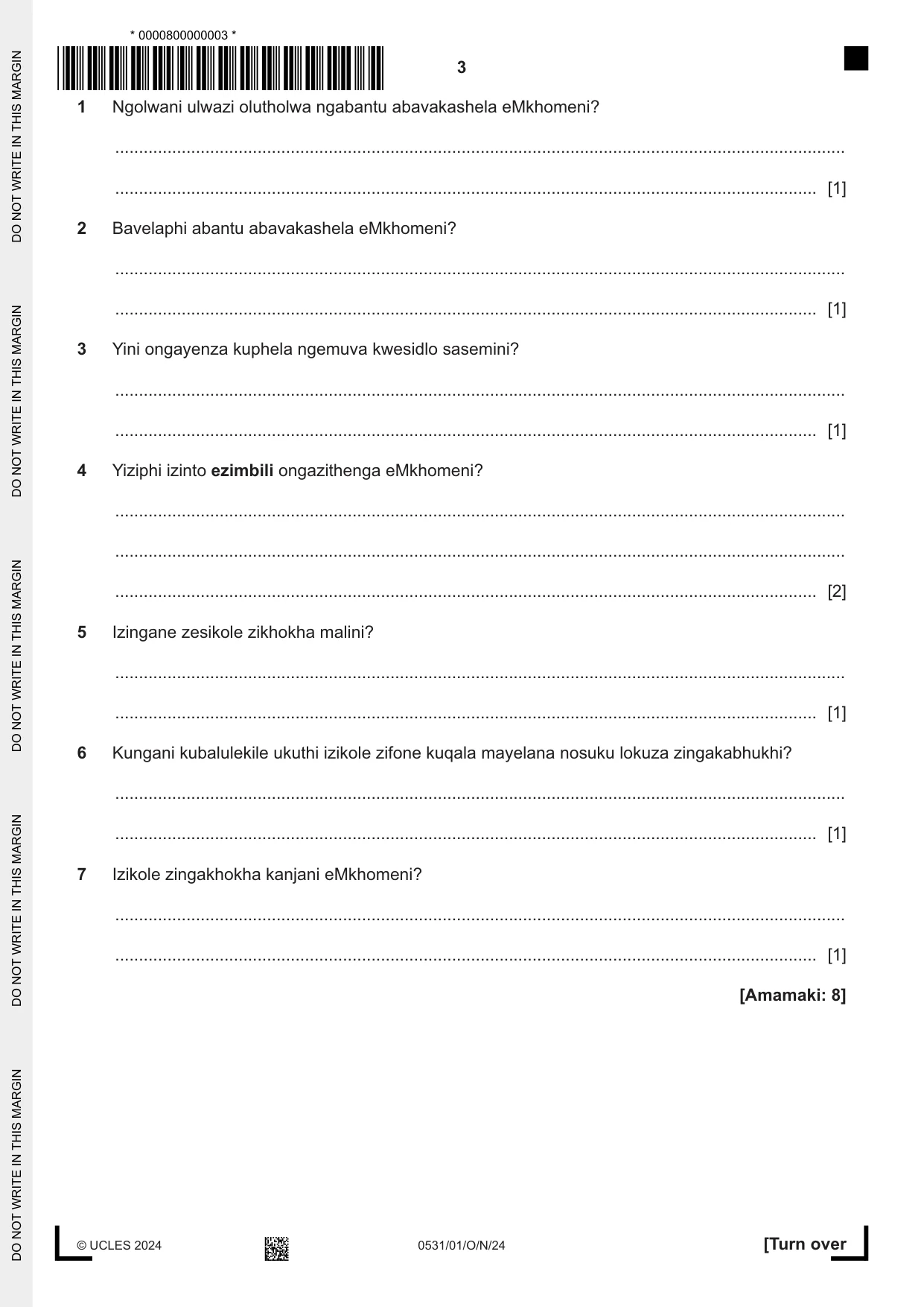 Cambridge IGCSE IsiZulu as a Second Language 0531 2024 Oct/Nov Paper 1 · Variant 0 question paper, page 3 of 16
