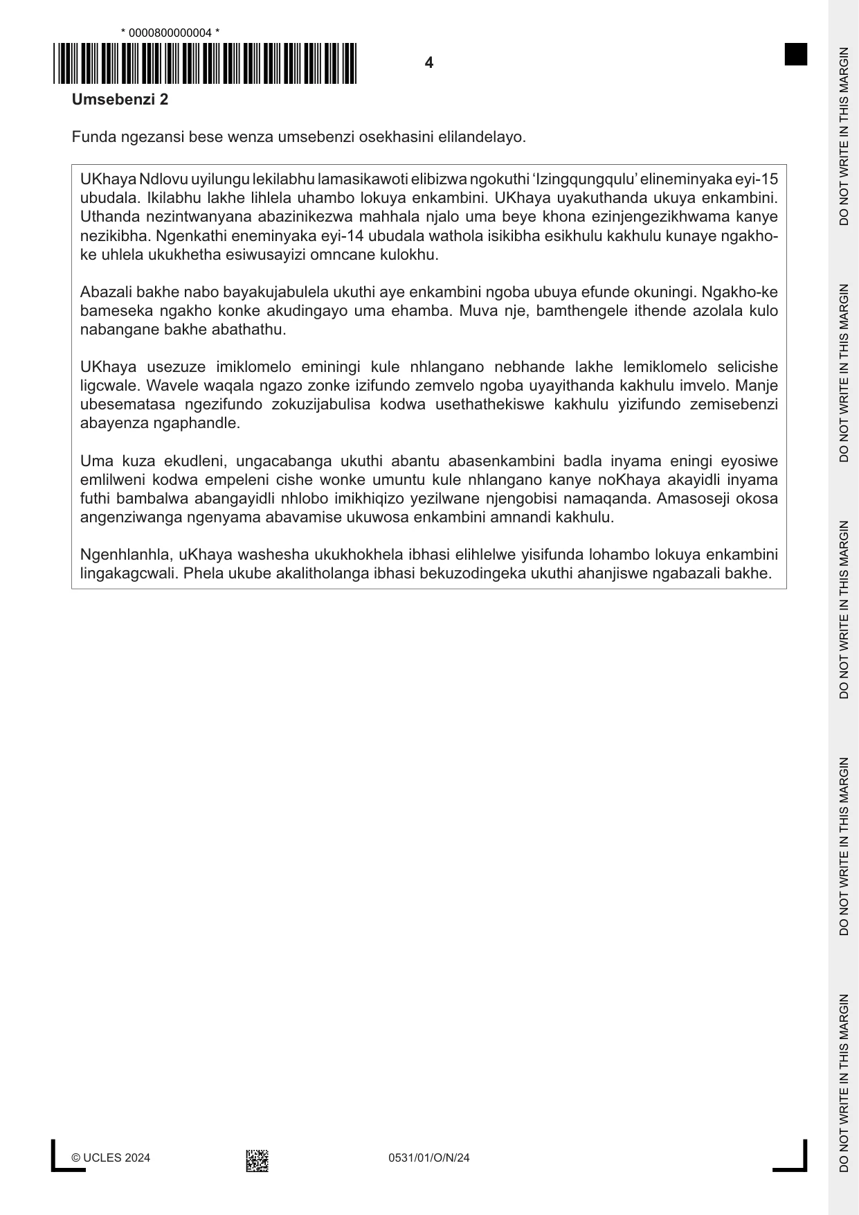 Cambridge IGCSE IsiZulu as a Second Language 0531 2024 Oct/Nov Paper 1 · Variant 0 question paper, page 4 of 16